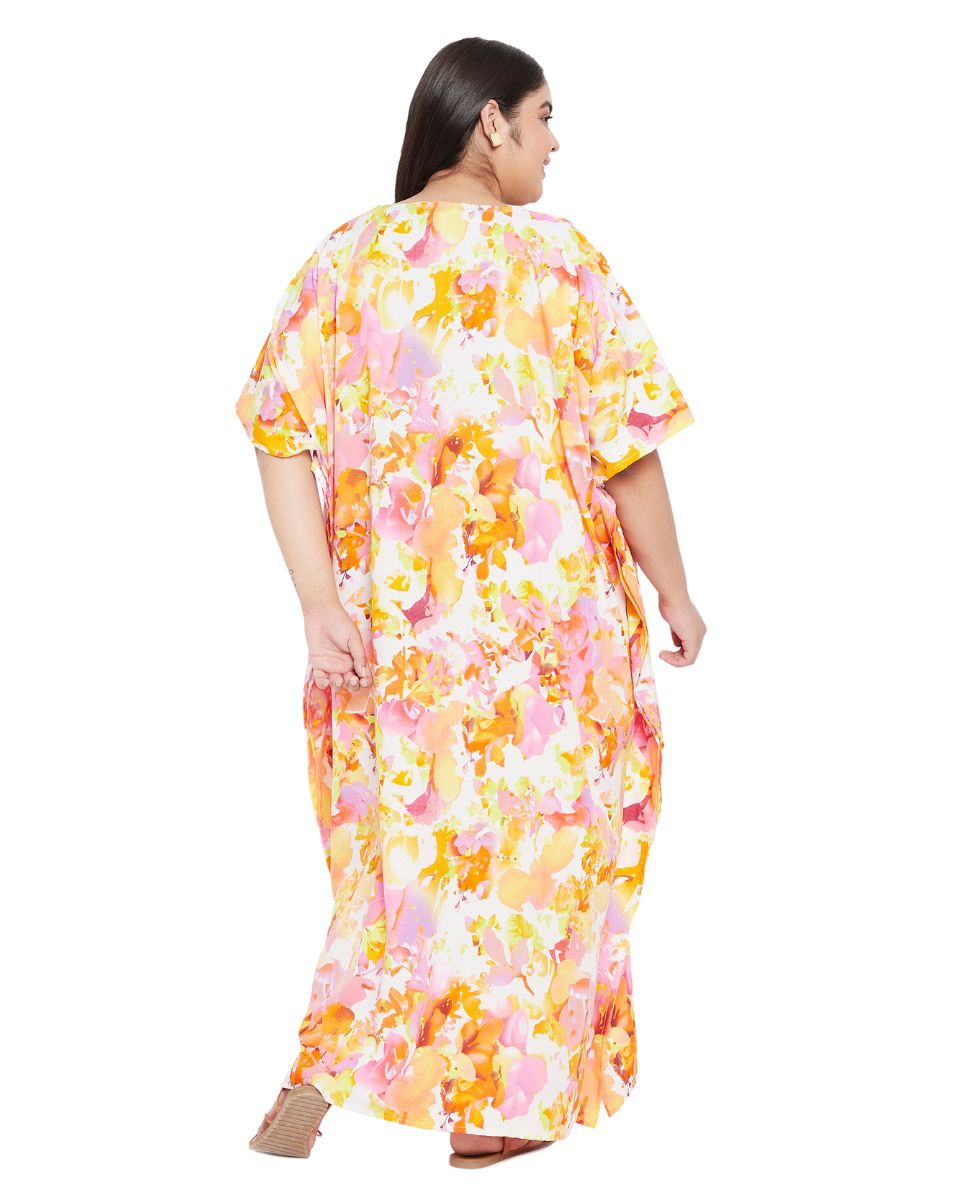 Floral Printed Orange Polyester Plus Size Kaftan Dress For Women