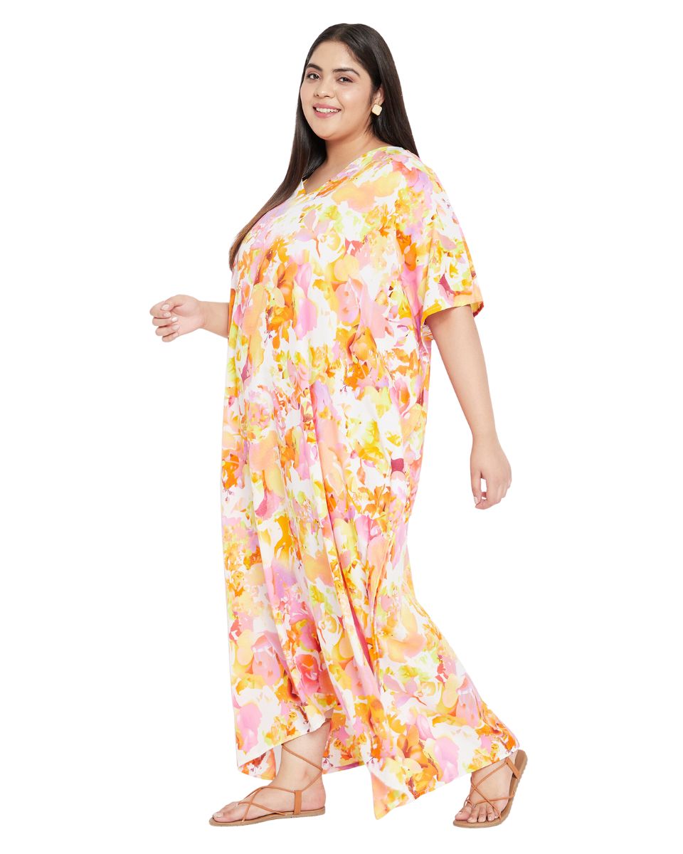 Floral Printed Orange Polyester Plus Size Kaftan Dress For Women