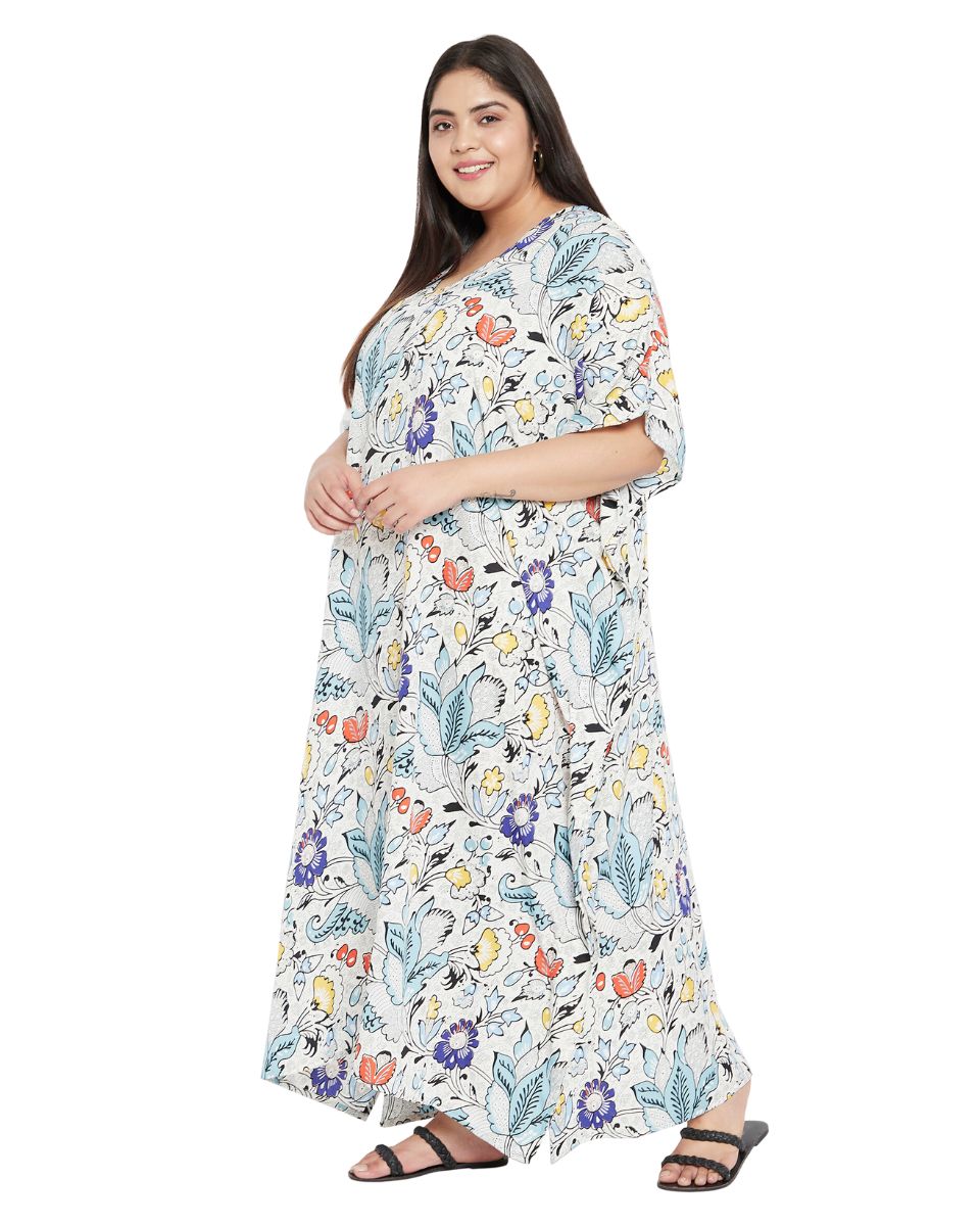 Floral Printed Off-White Polyester Plus Size Kaftan Dress For Women