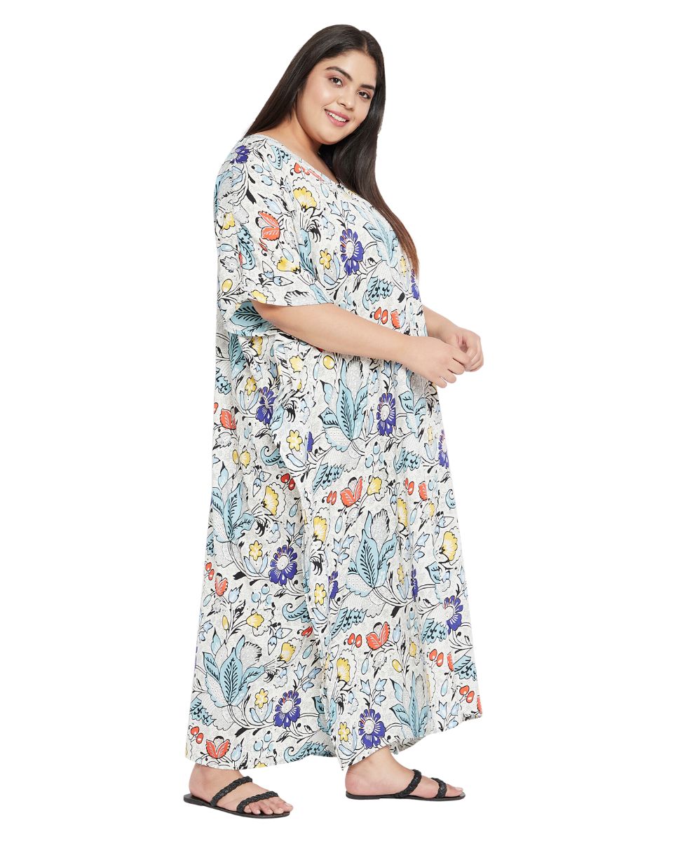 Floral Printed Off-White Polyester Plus Size Kaftan Dress For Women