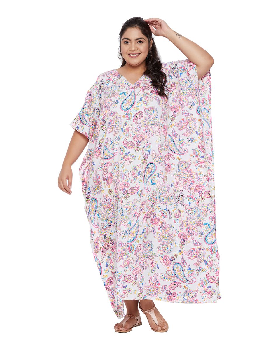 Paisley Printed Pink Polyester Plus Size Kaftan Dress For Women