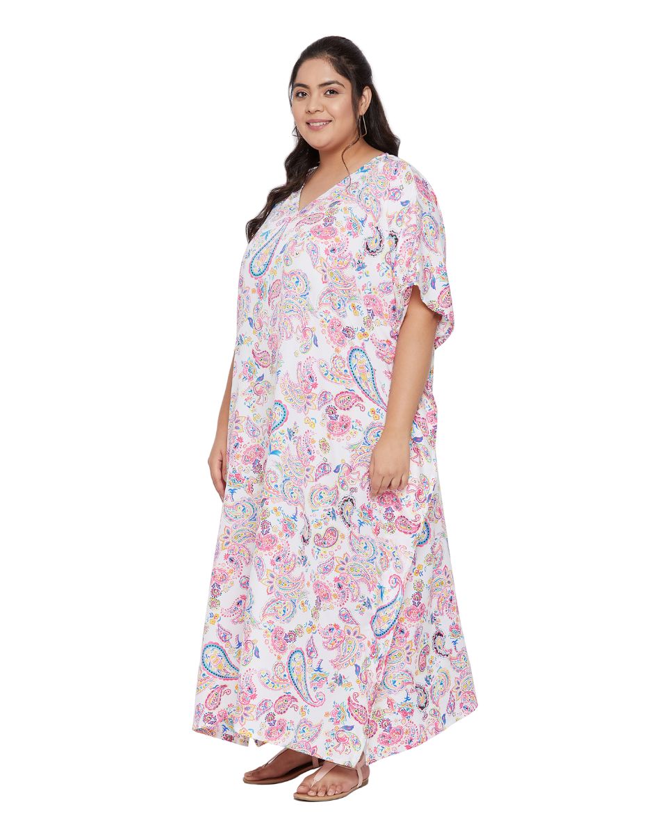 Paisley Printed Pink Polyester Plus Size Kaftan Dress For Women