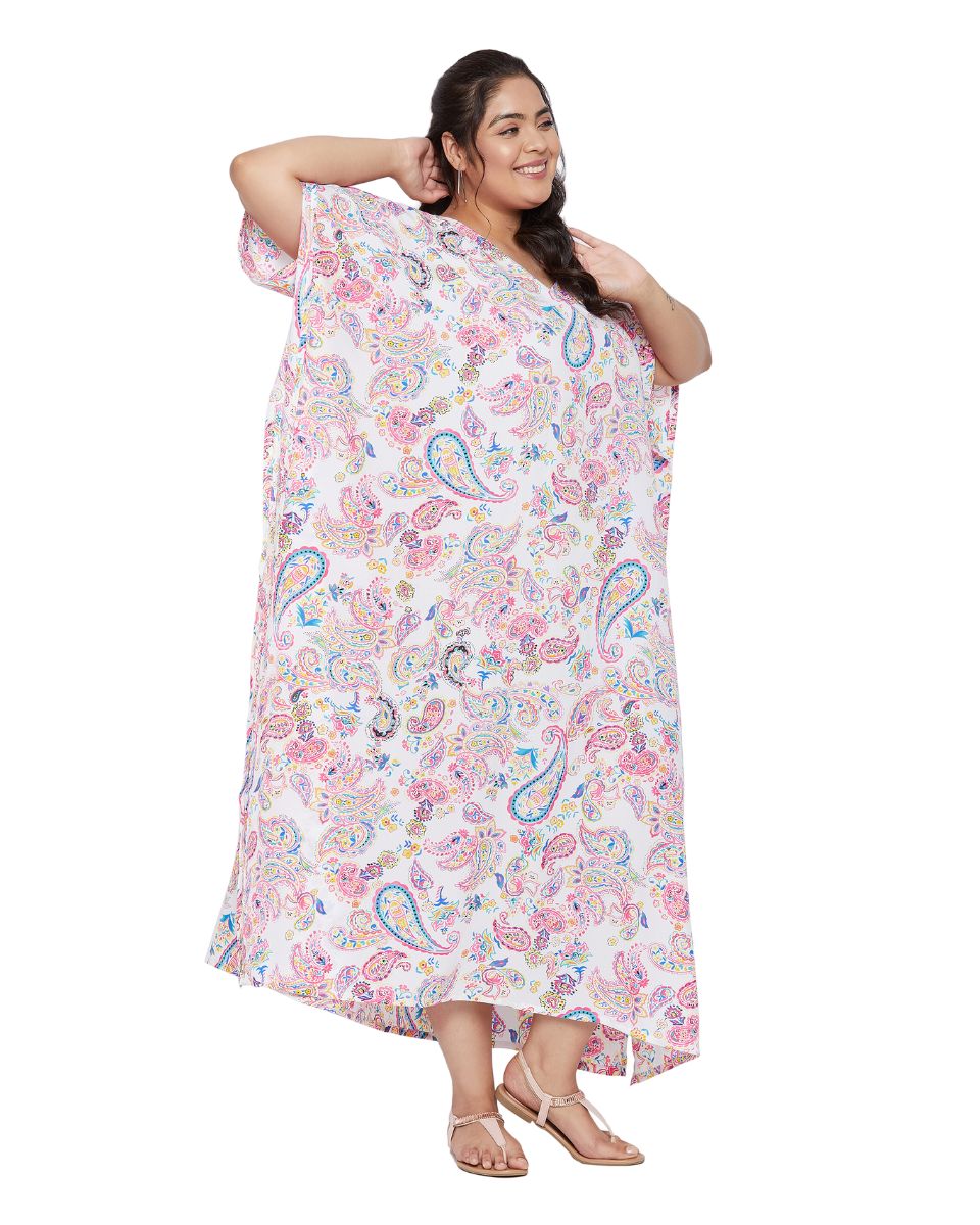 Paisley Printed Pink Polyester Kaftan Dress for Women