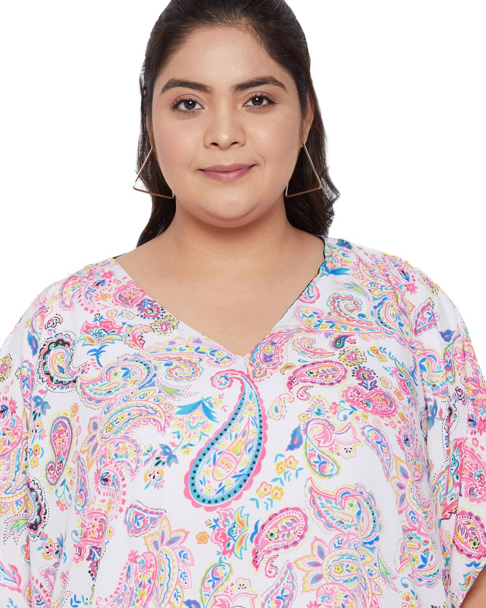 Paisley Printed Pink Polyester Plus Size Kaftan Dress For Women