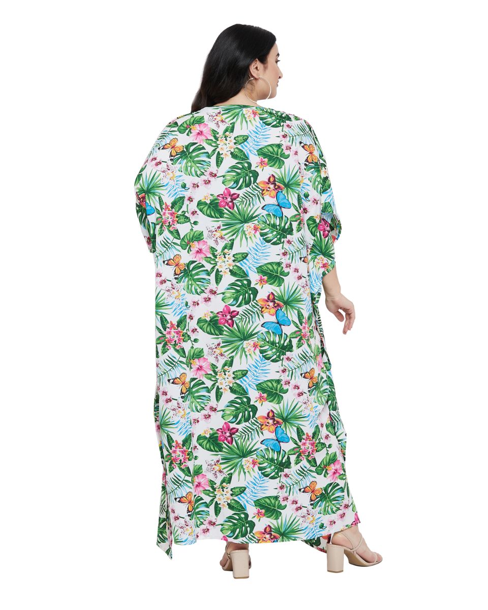 Leaf Printed Green Polyester Kaftan Plus Size Dress For Women