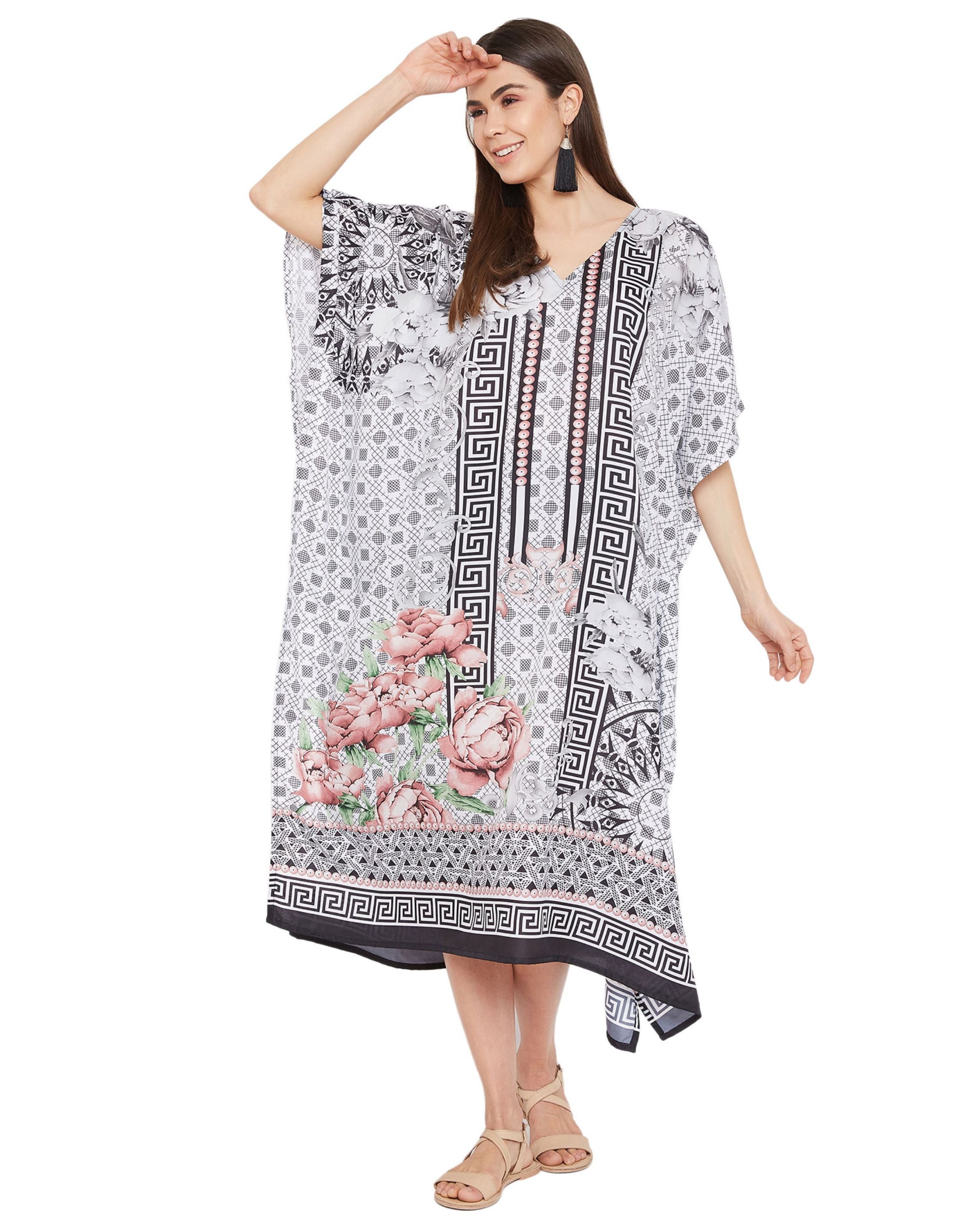 Floral Printed Black Polyester Kaftan Dress for Women