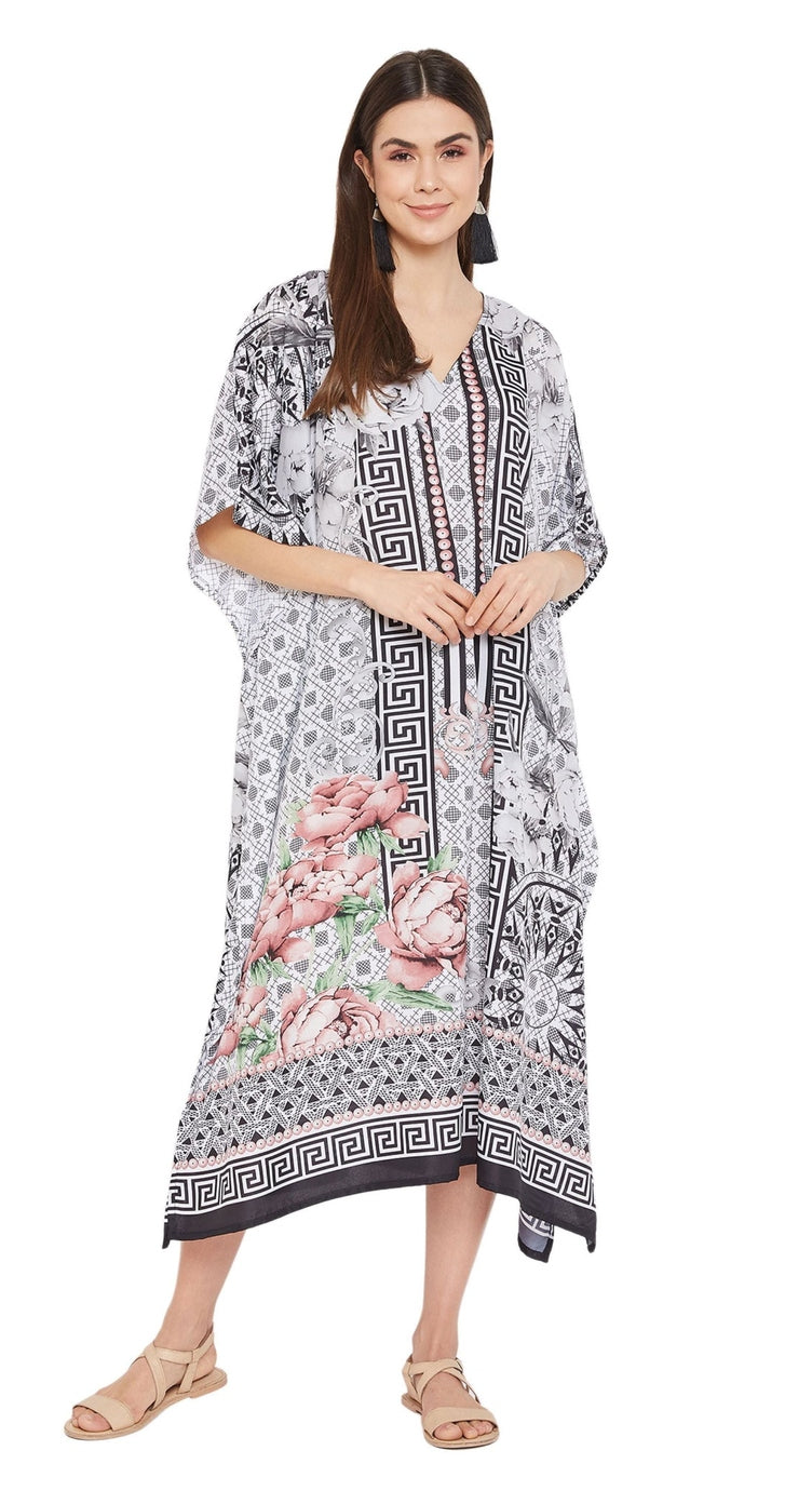 White and black paisley floral print plus size kaftan with tassel tie