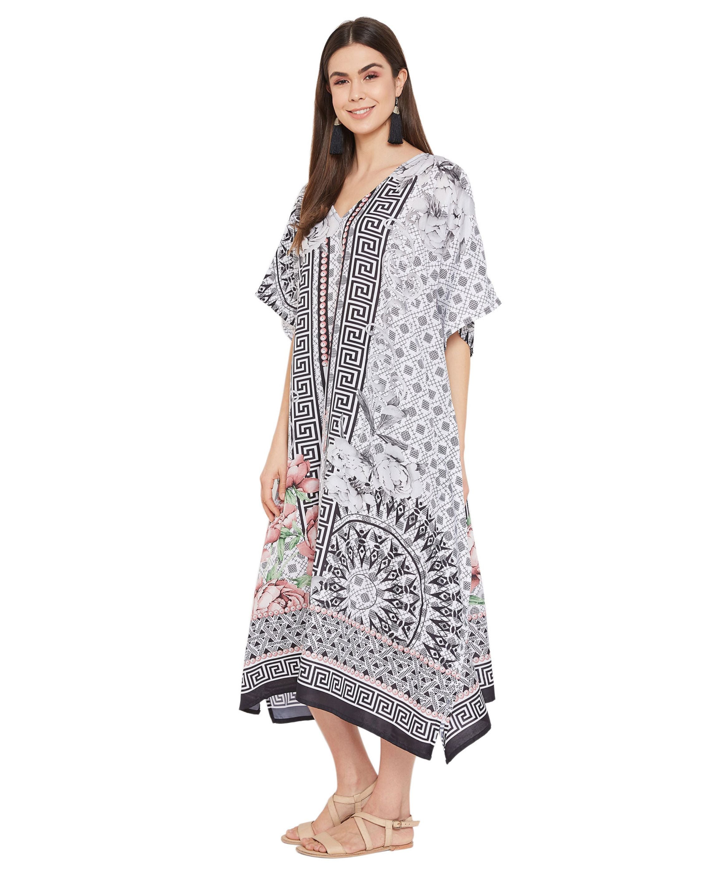 Floral Printed Black Polyester Kaftan Dress for Women