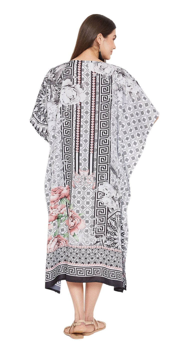 White and black paisley floral print plus size kaftan with tassel tie — extra view