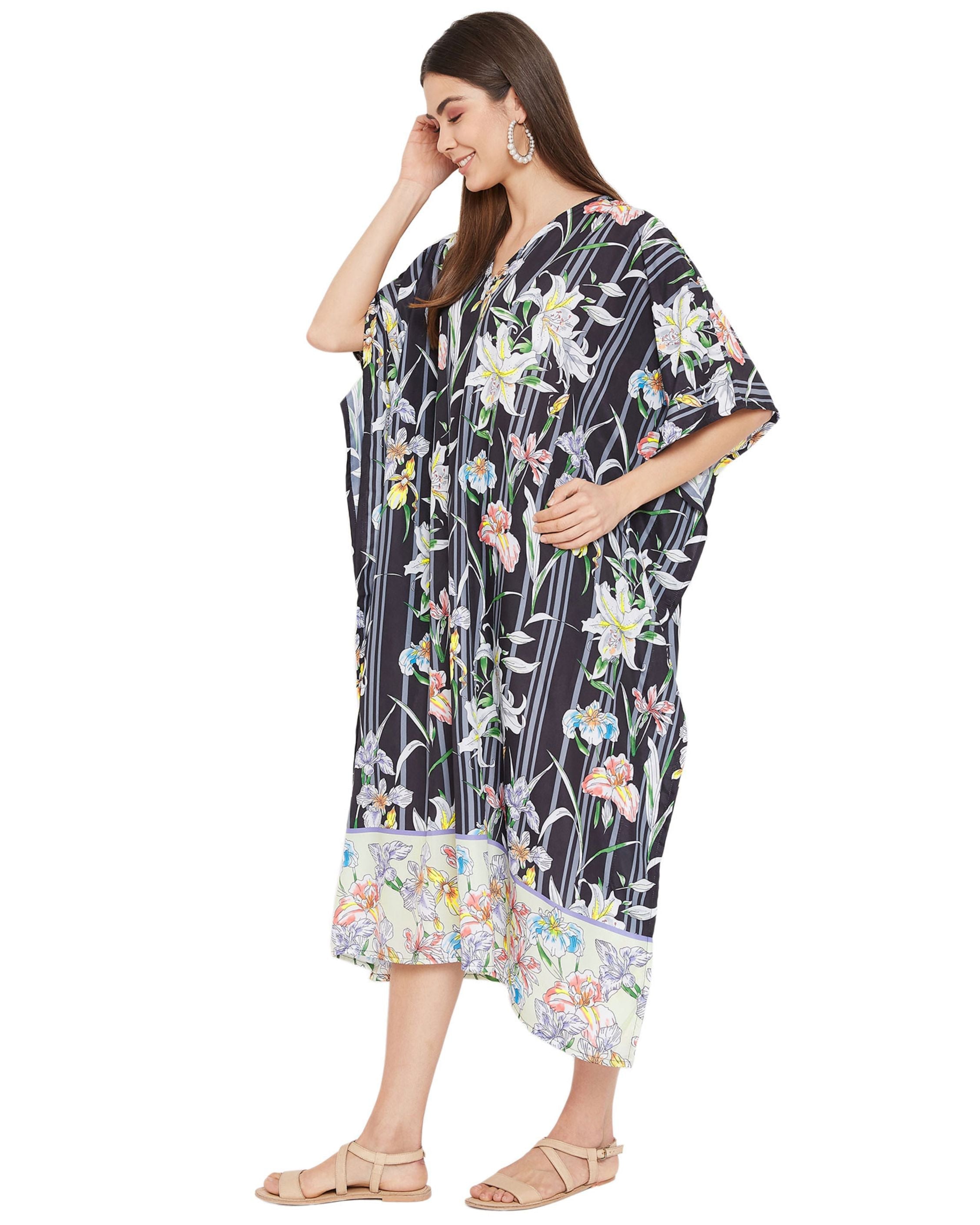 Floral Printed Black Polyester Plus Size Kaftan Dress For Women