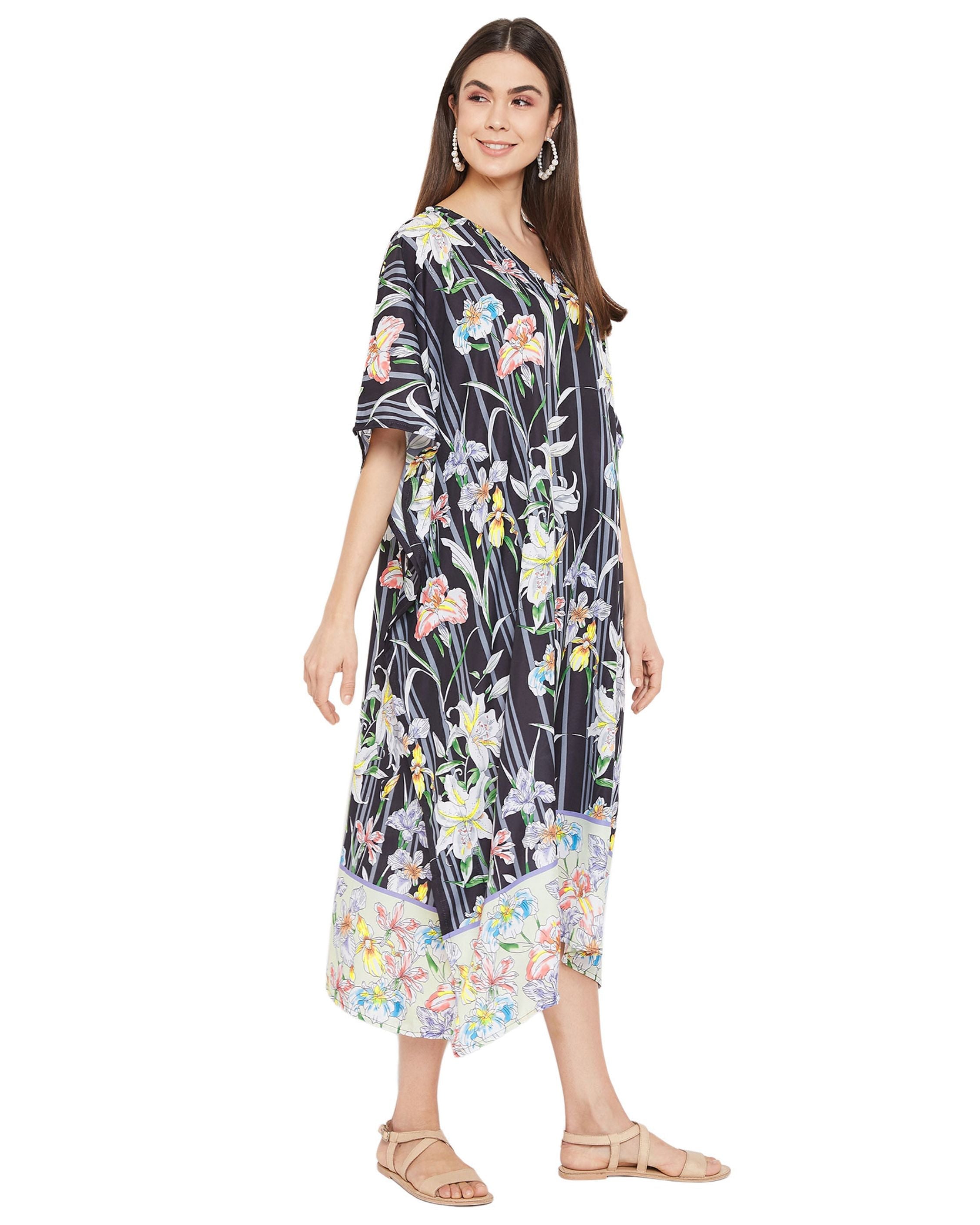 Floral Printed Black Polyester Plus Size Kaftan Dress For Women