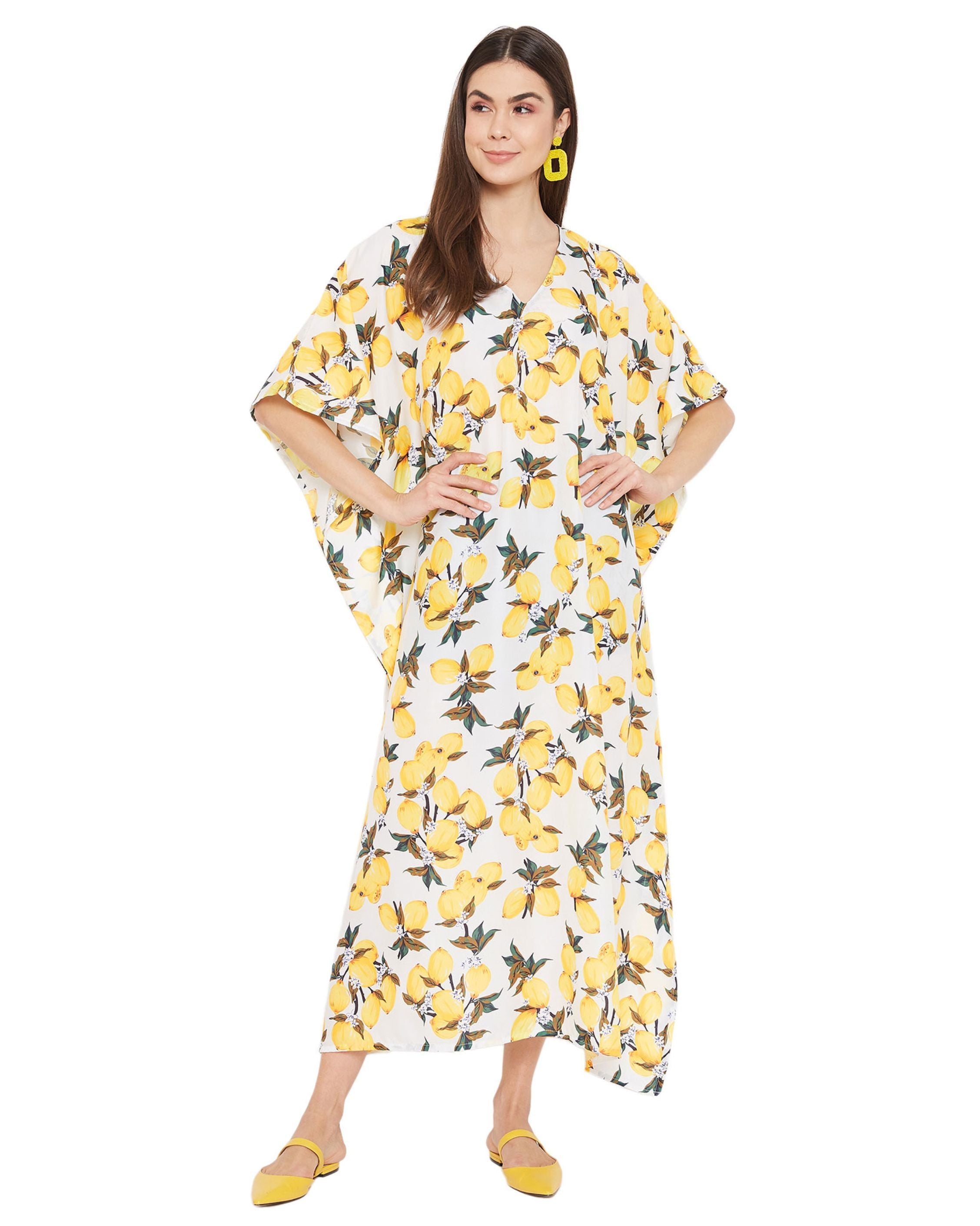 Floral Printed Yellow Polyester Kaftan Dress for Women