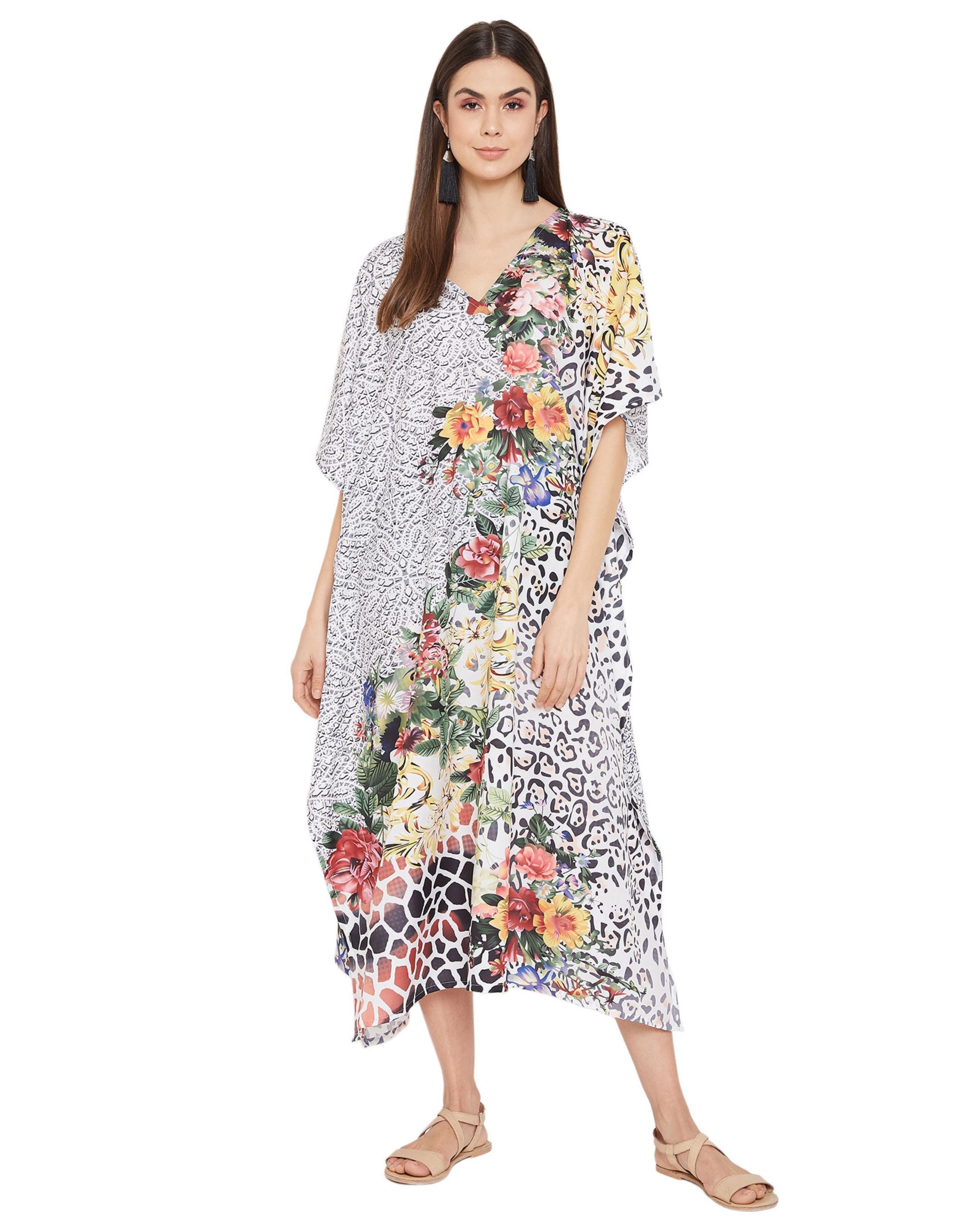 Floral Printed Multicolor Polyester Kaftan Dress for Women