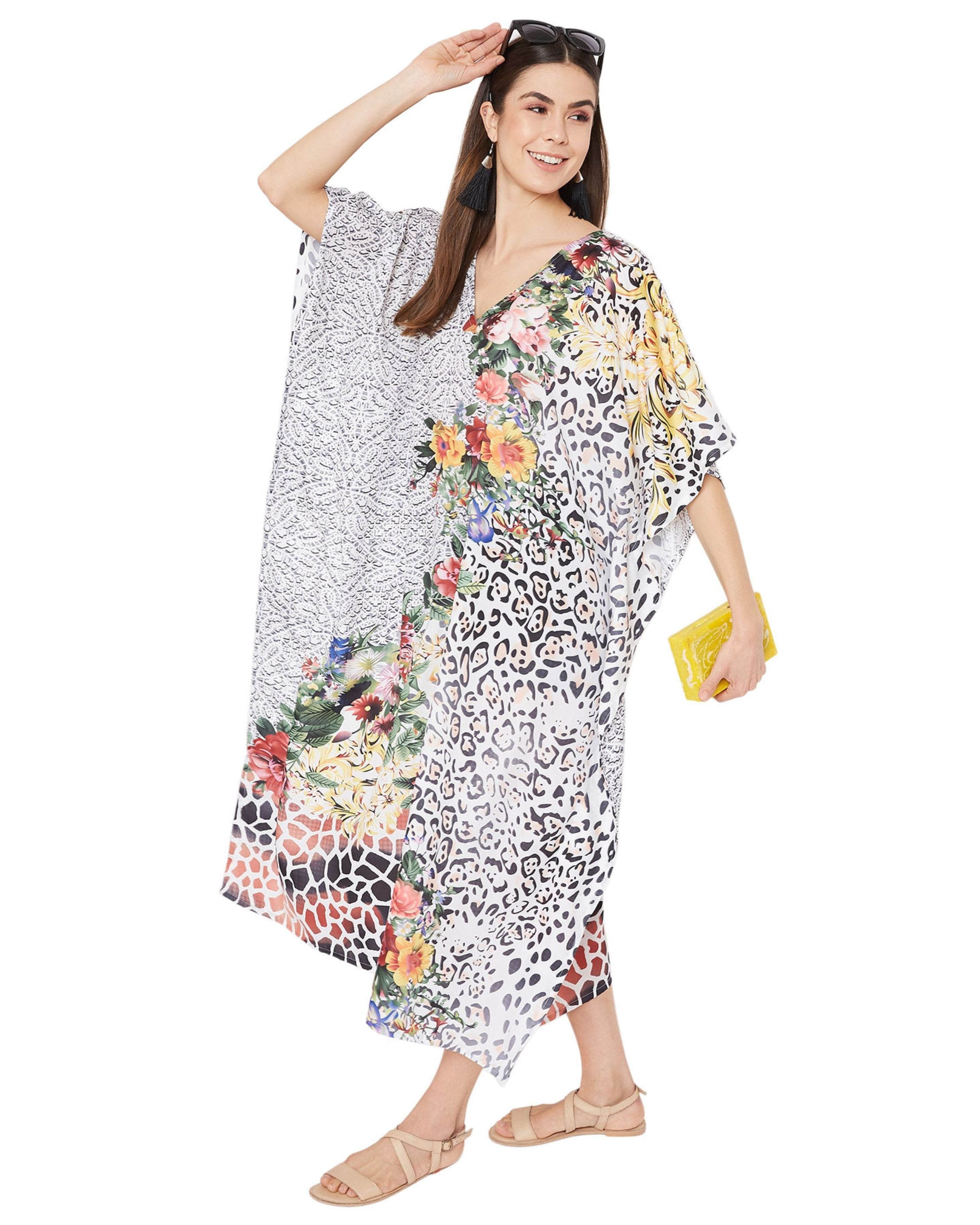 Floral Printed Plus Size Multicolor Polyester Kaftan Dress For Women