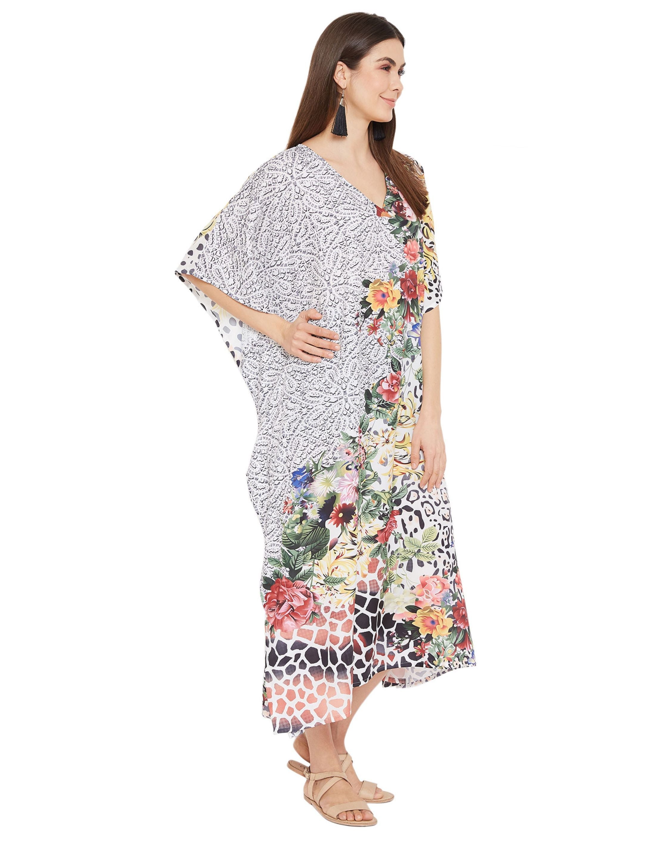 Floral Printed Plus Size Multicolor Polyester Kaftan Dress For Women