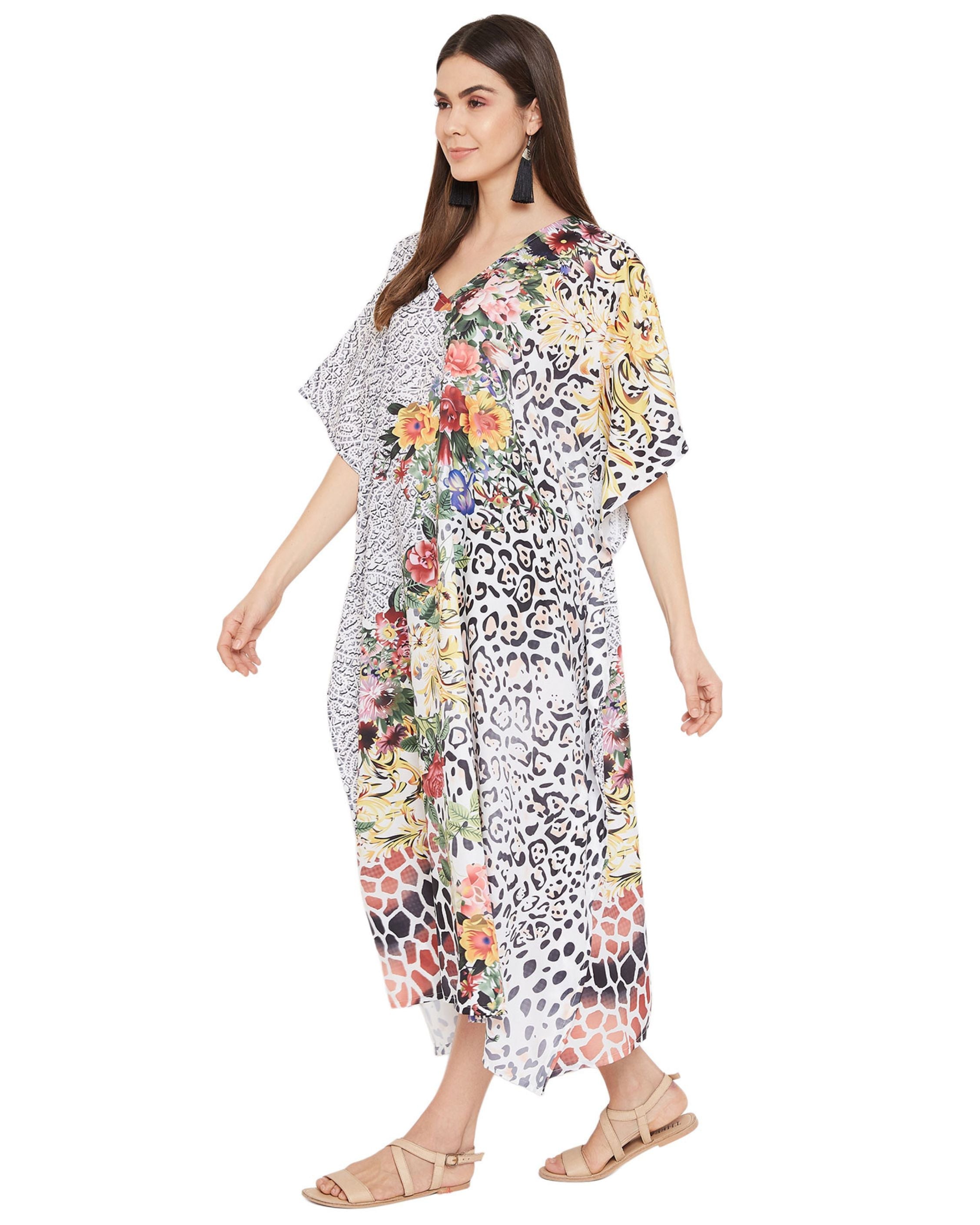 Floral Printed Plus Size Multicolor Polyester Kaftan Dress For Women