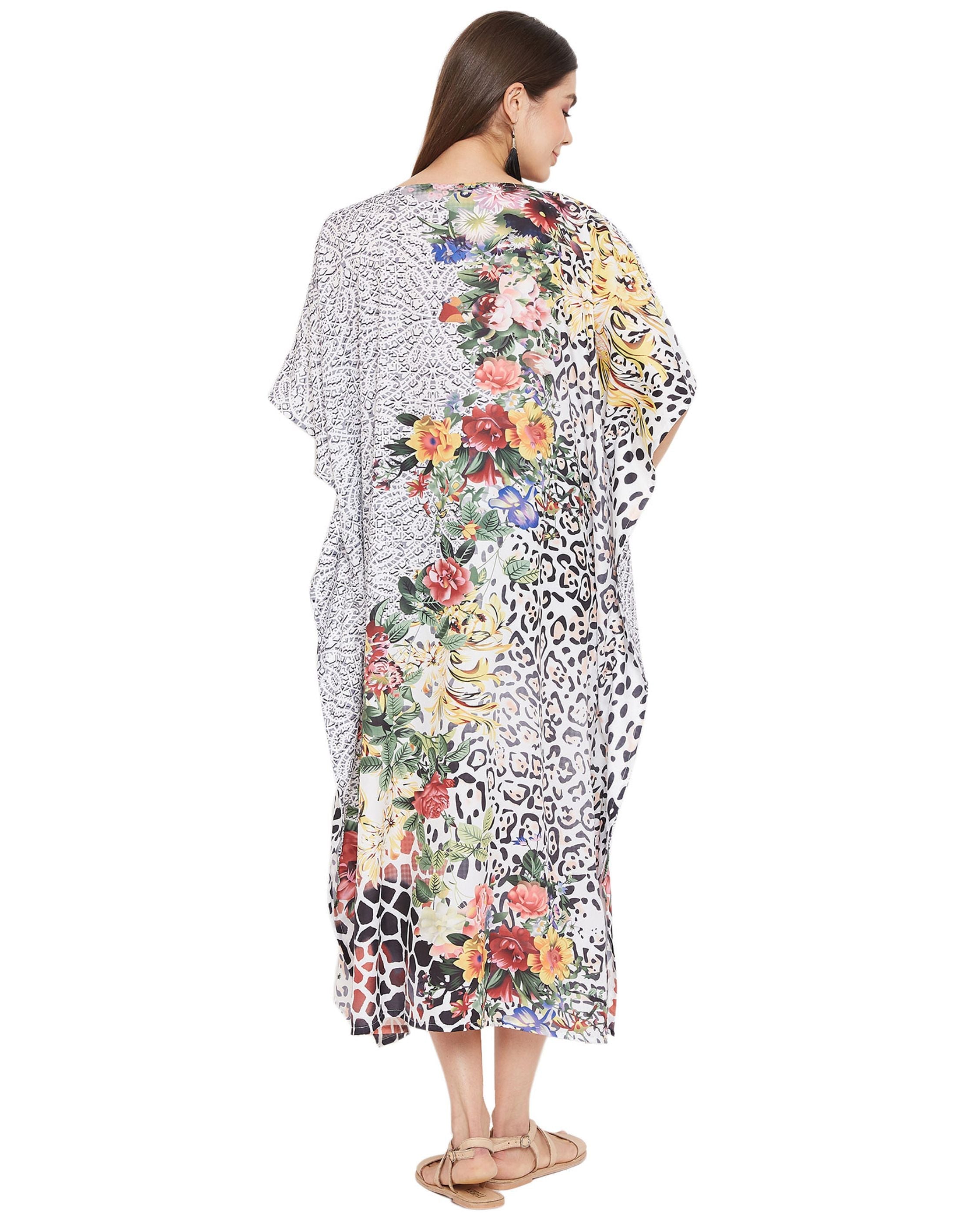 Floral Printed Plus Size Multicolor Polyester Kaftan Dress For Women