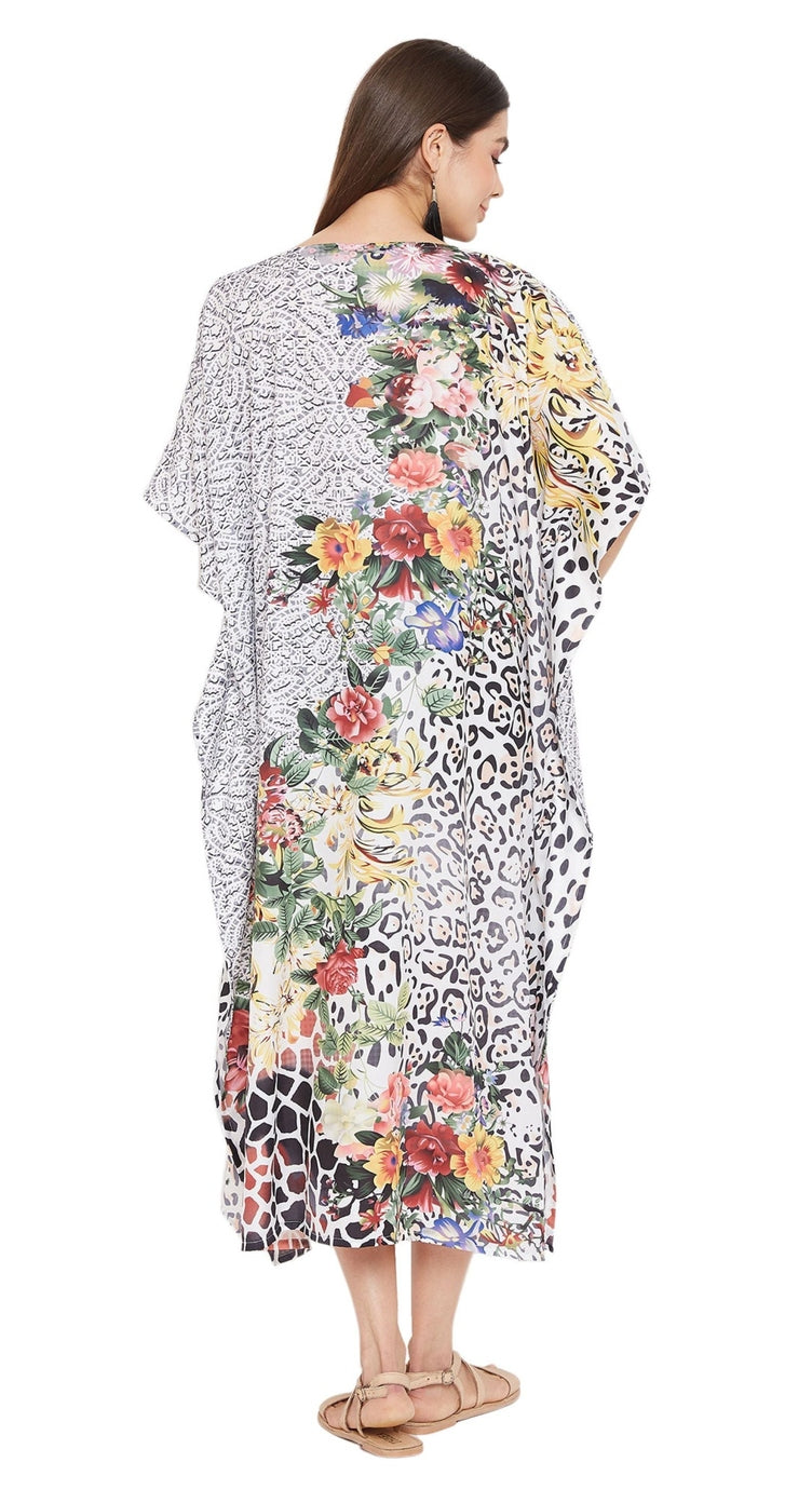 Multicolor floral and leopard patchwork print plus size kaftan with V-neck — alternate view