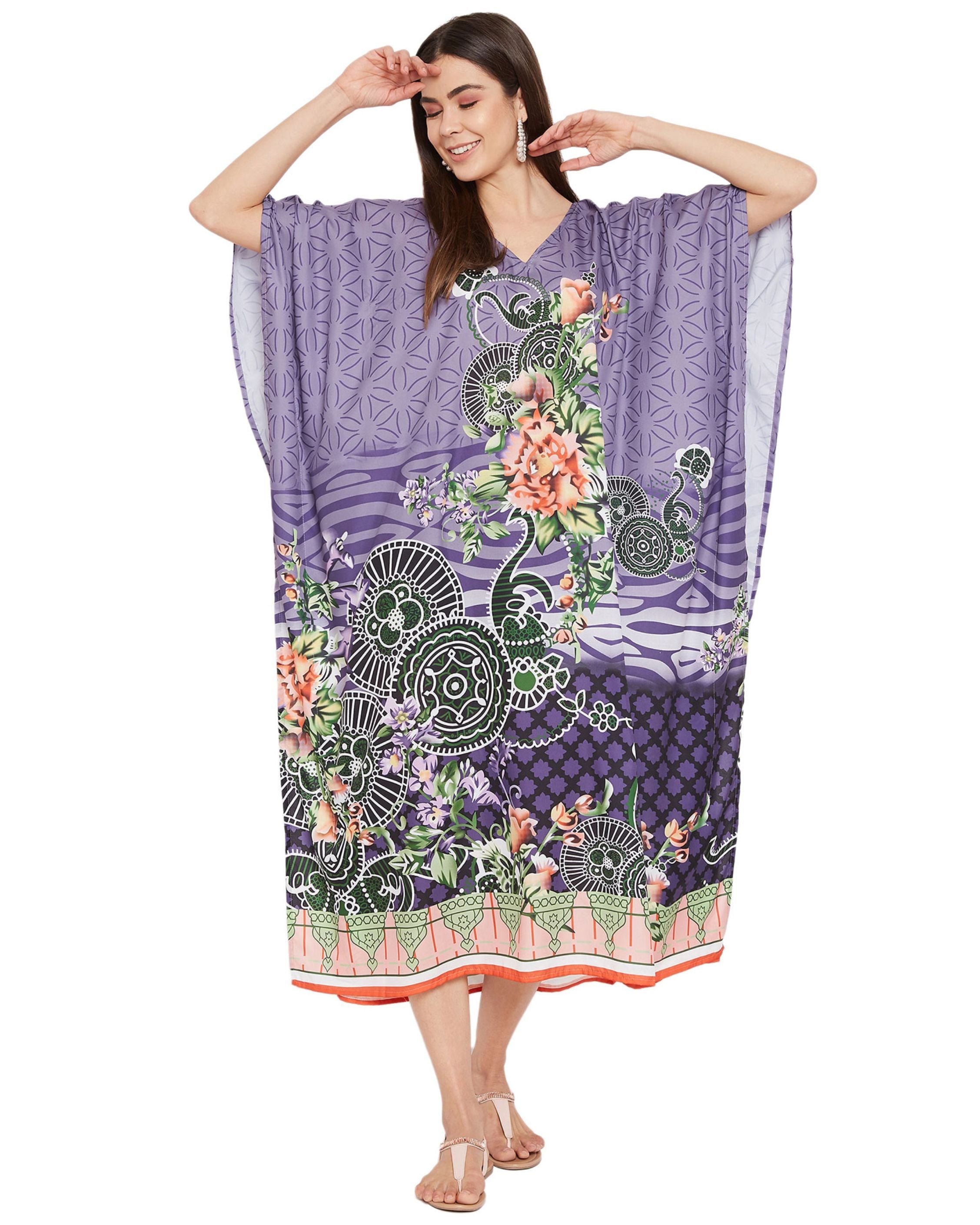 Floral Printed Plus Size Purple Polyester Kaftan Dress For Women