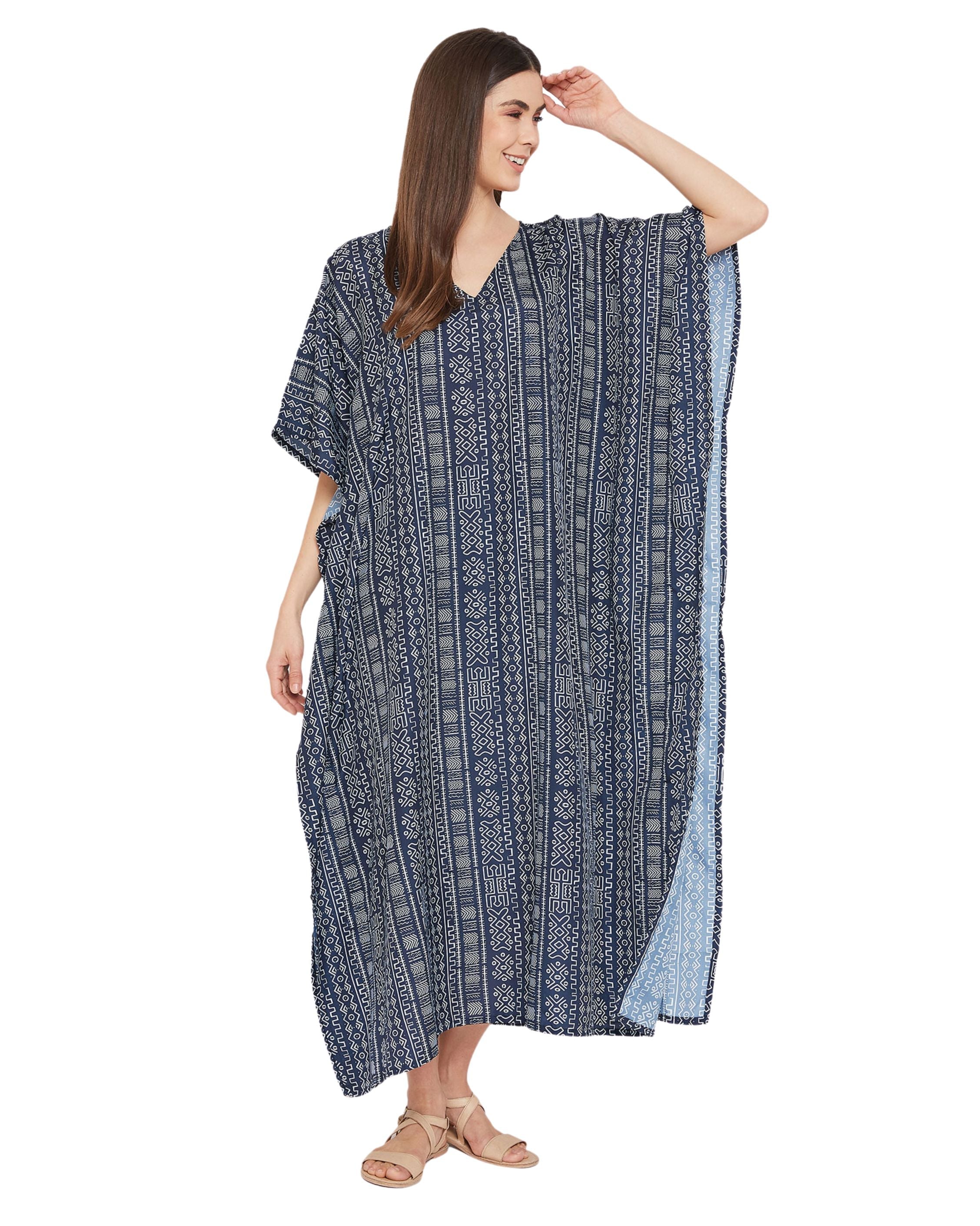 Geometric Printed Navy Blue Polyester Kaftan Dress for Women