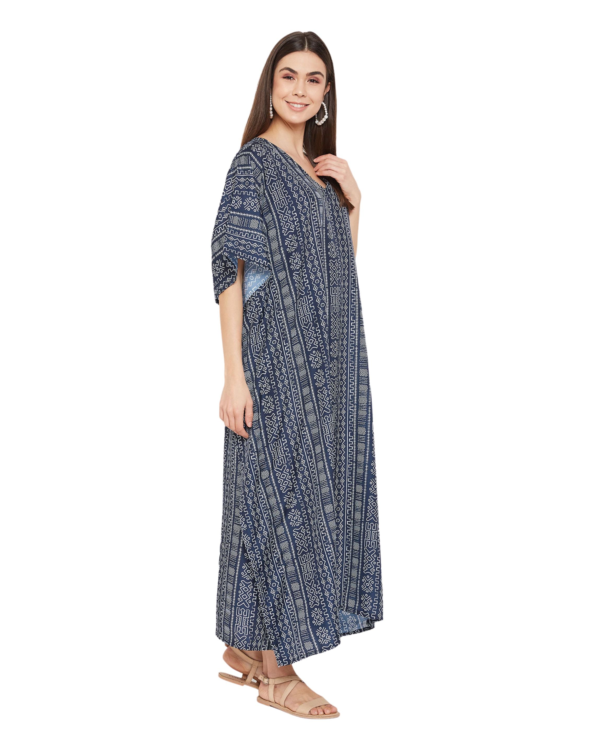 Geometric Printed Navy Blue Polyester Kaftan Dress For Plus Size Women