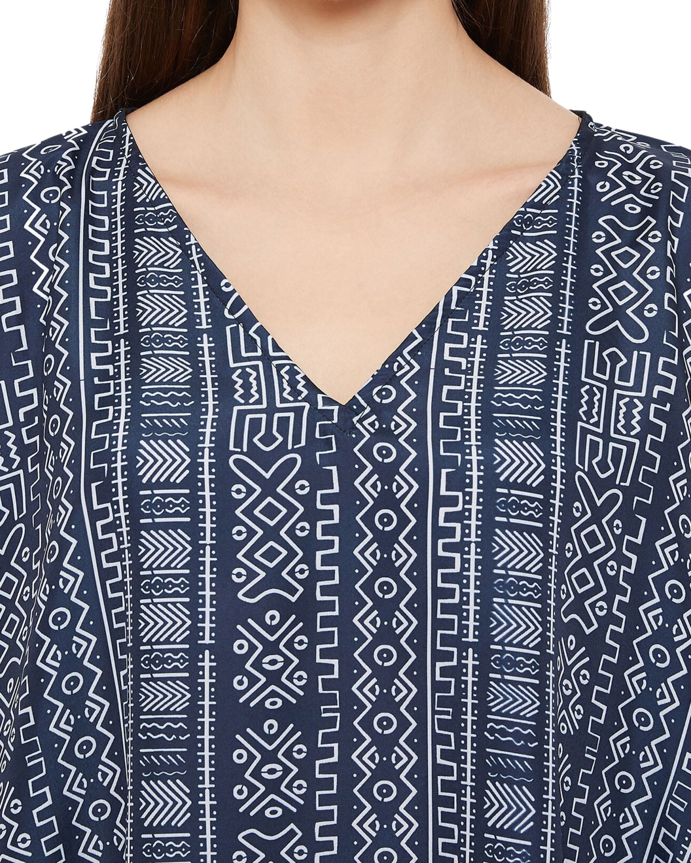 Geometric Printed Navy Blue Polyester Kaftan Dress for Women