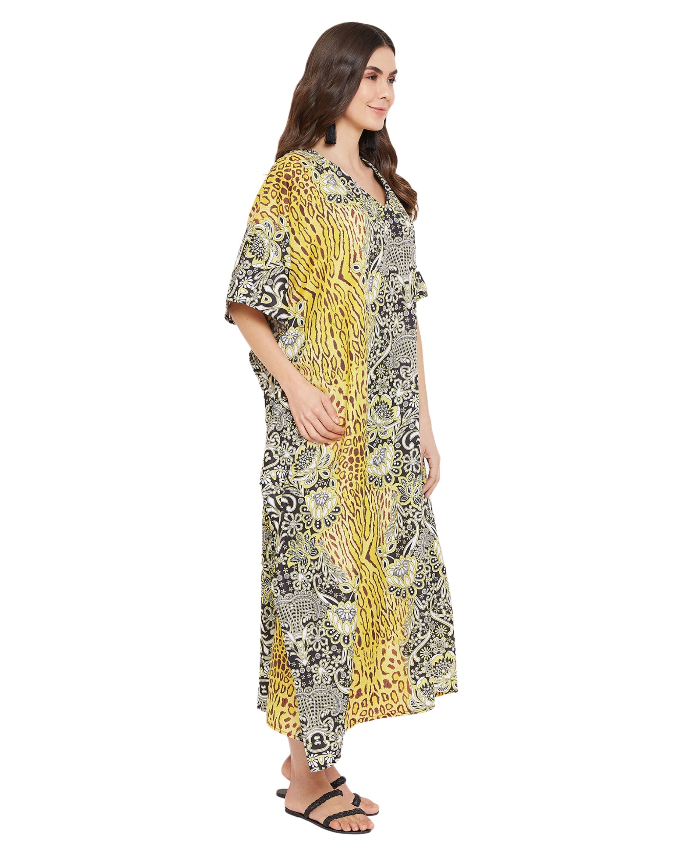 Animal Printed Yellow Polyester Kaftan Dress For Plus Size Women