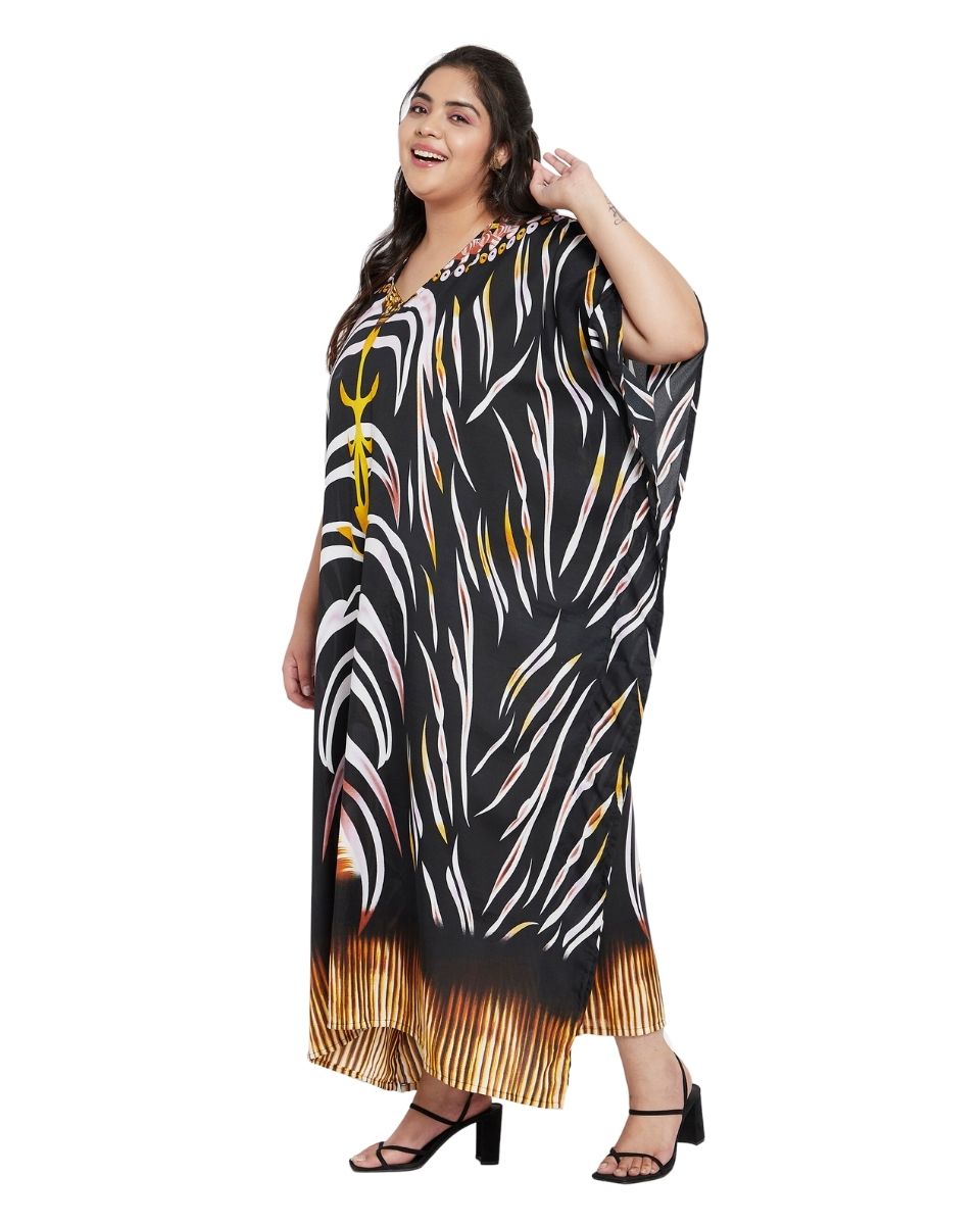 Black Tribal Printed Polyester Plus Size Kaftan Dress For Women