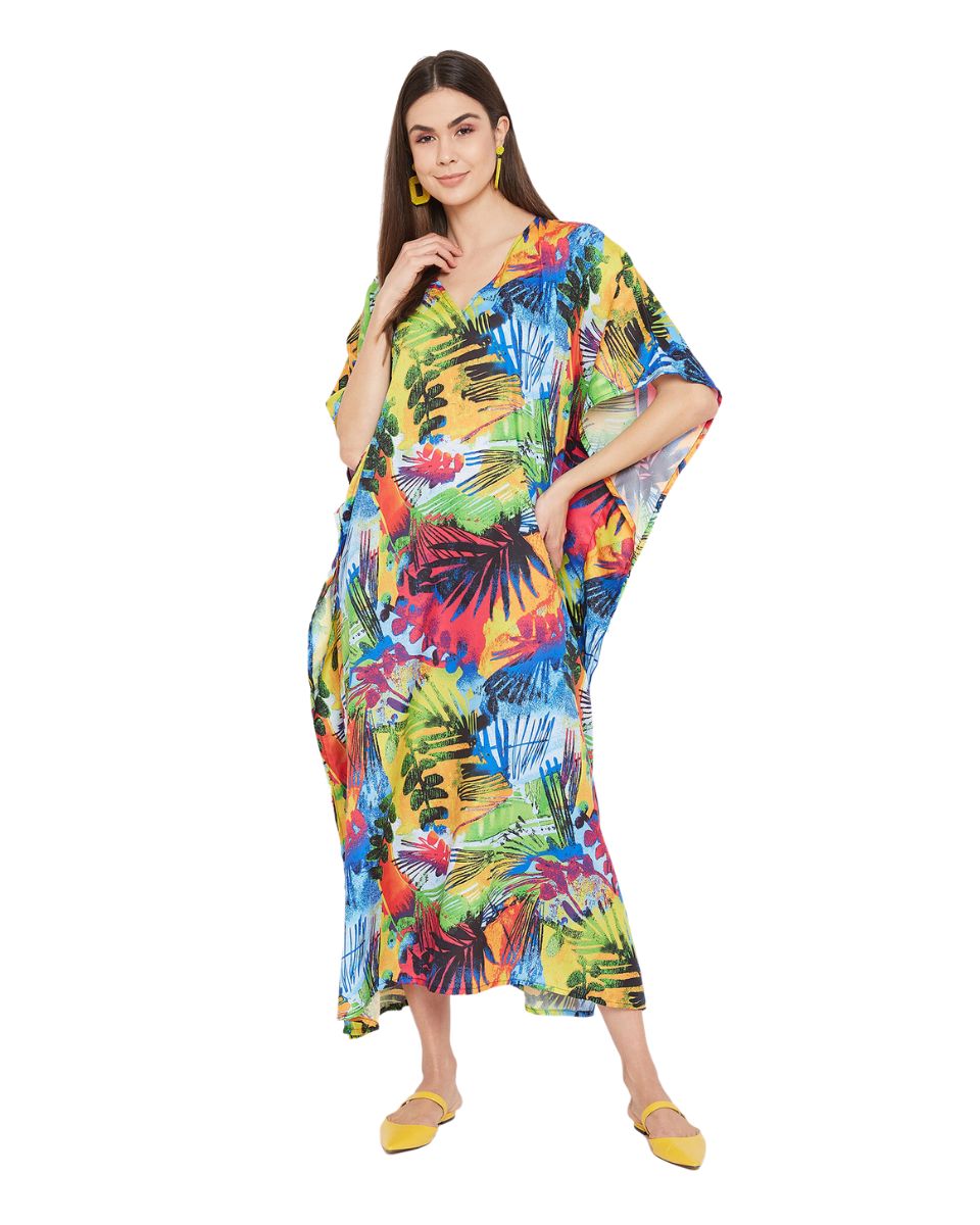 Leaf Printed Multicolor Plus Size Polyester Kaftan Dress For Women