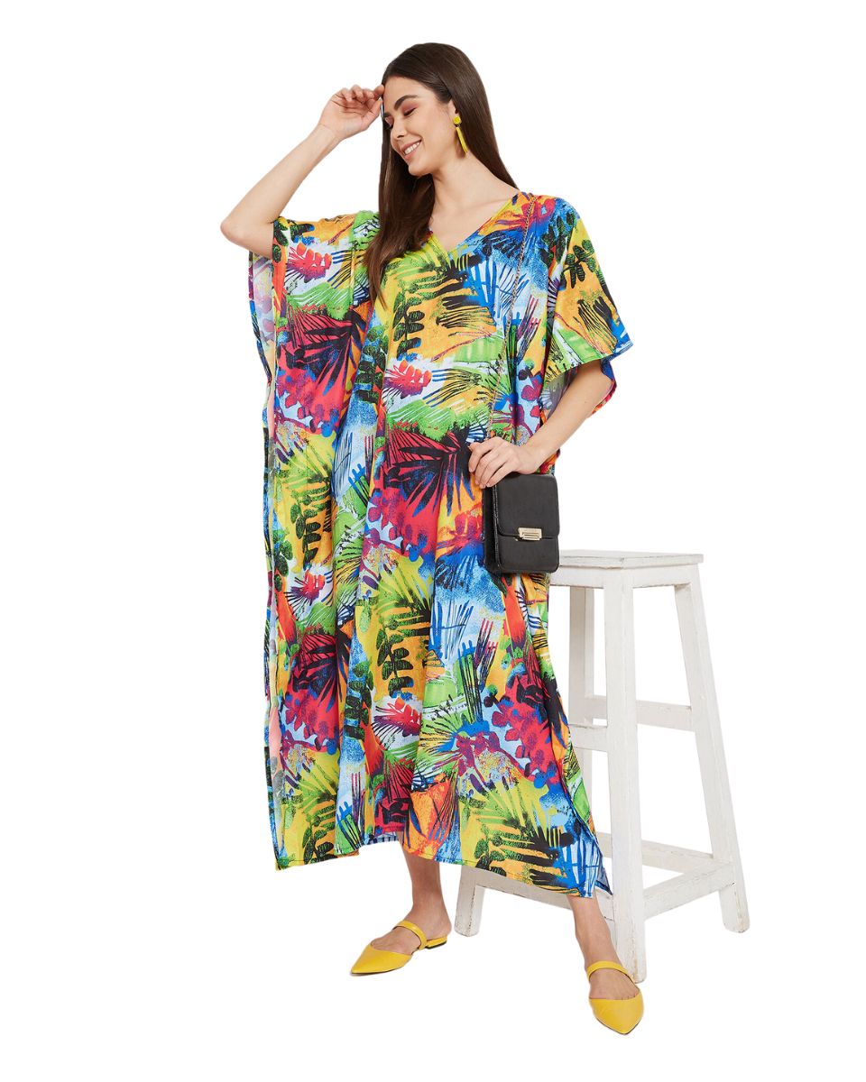 Leaf Printed Multicolor Plus Size Polyester Kaftan Dress For Women