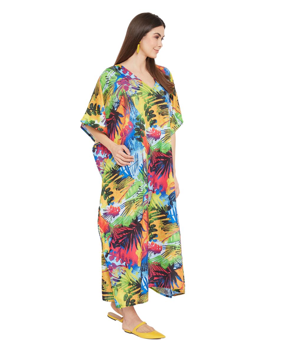 Leaf Printed Multicolor Plus Size Polyester Kaftan Dress For Women