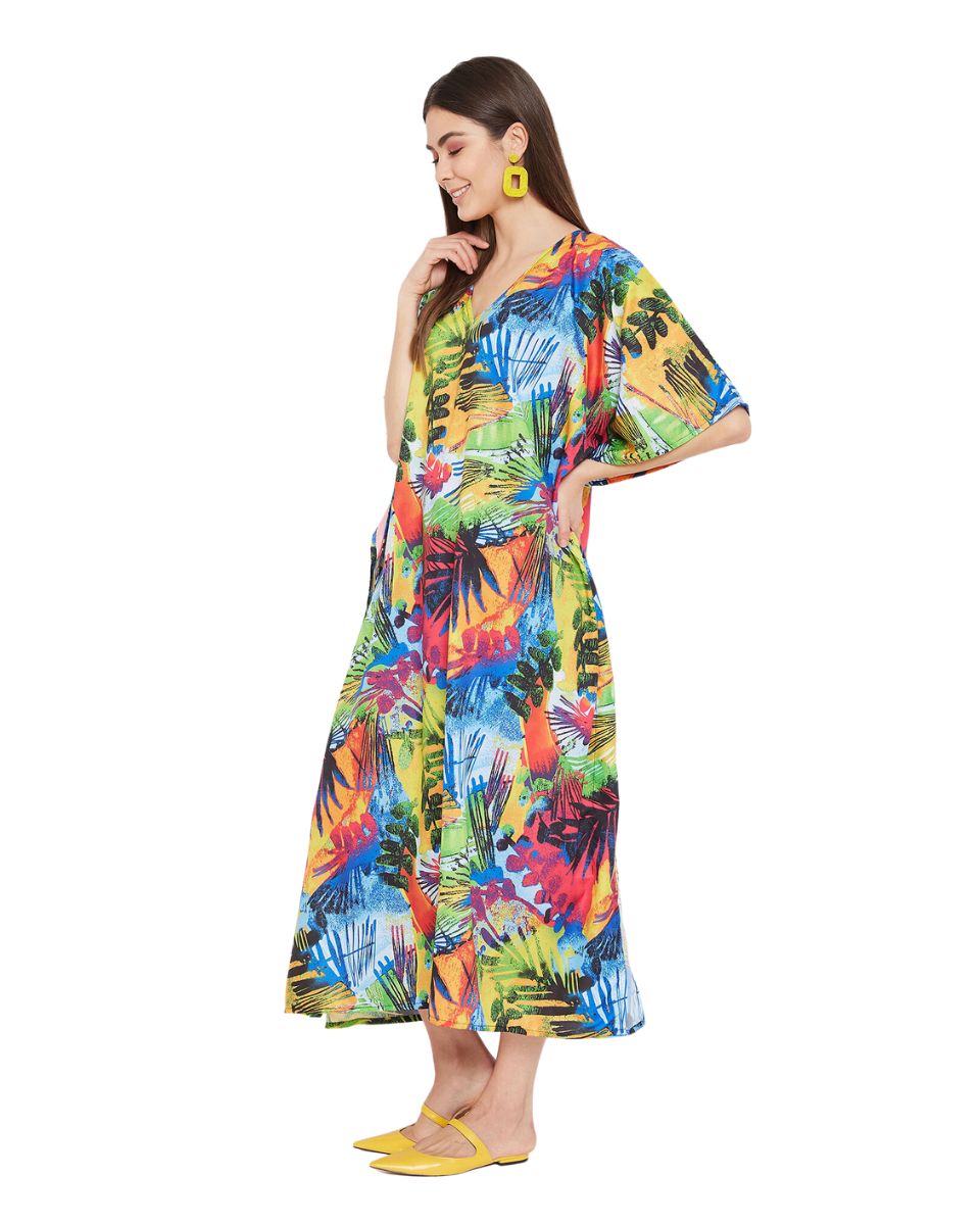 Leaf Printed Multicolor Plus Size Polyester Kaftan Dress For Women