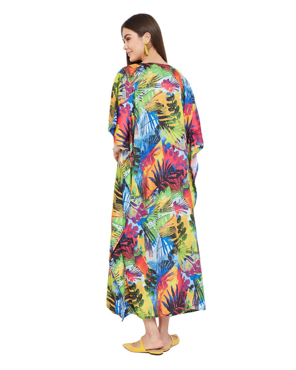 Leaf Printed Multicolor Plus Size Polyester Kaftan Dress For Women