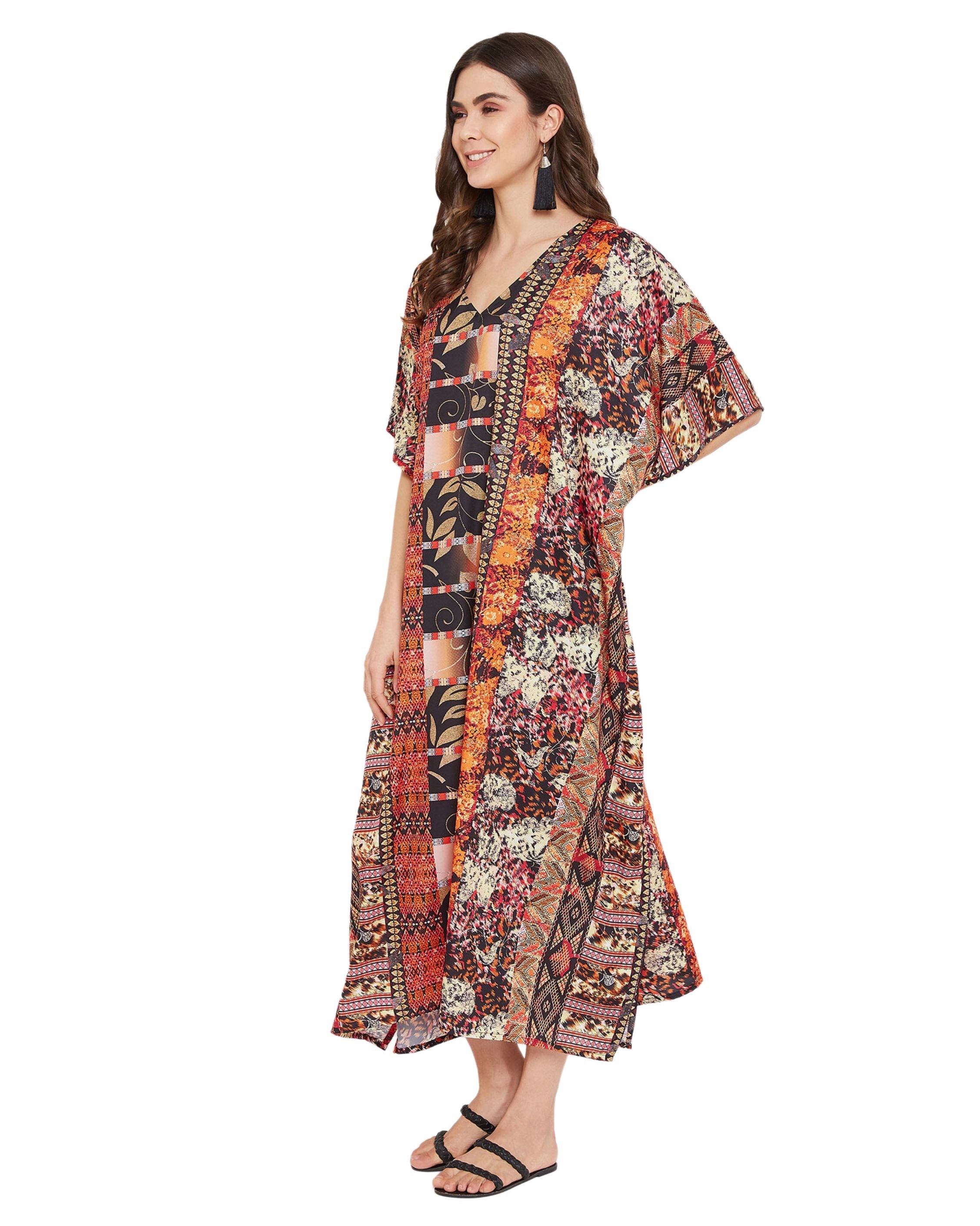 Abstract Printed Multicolor Plus Size Polyester Kaftan Dress For Women