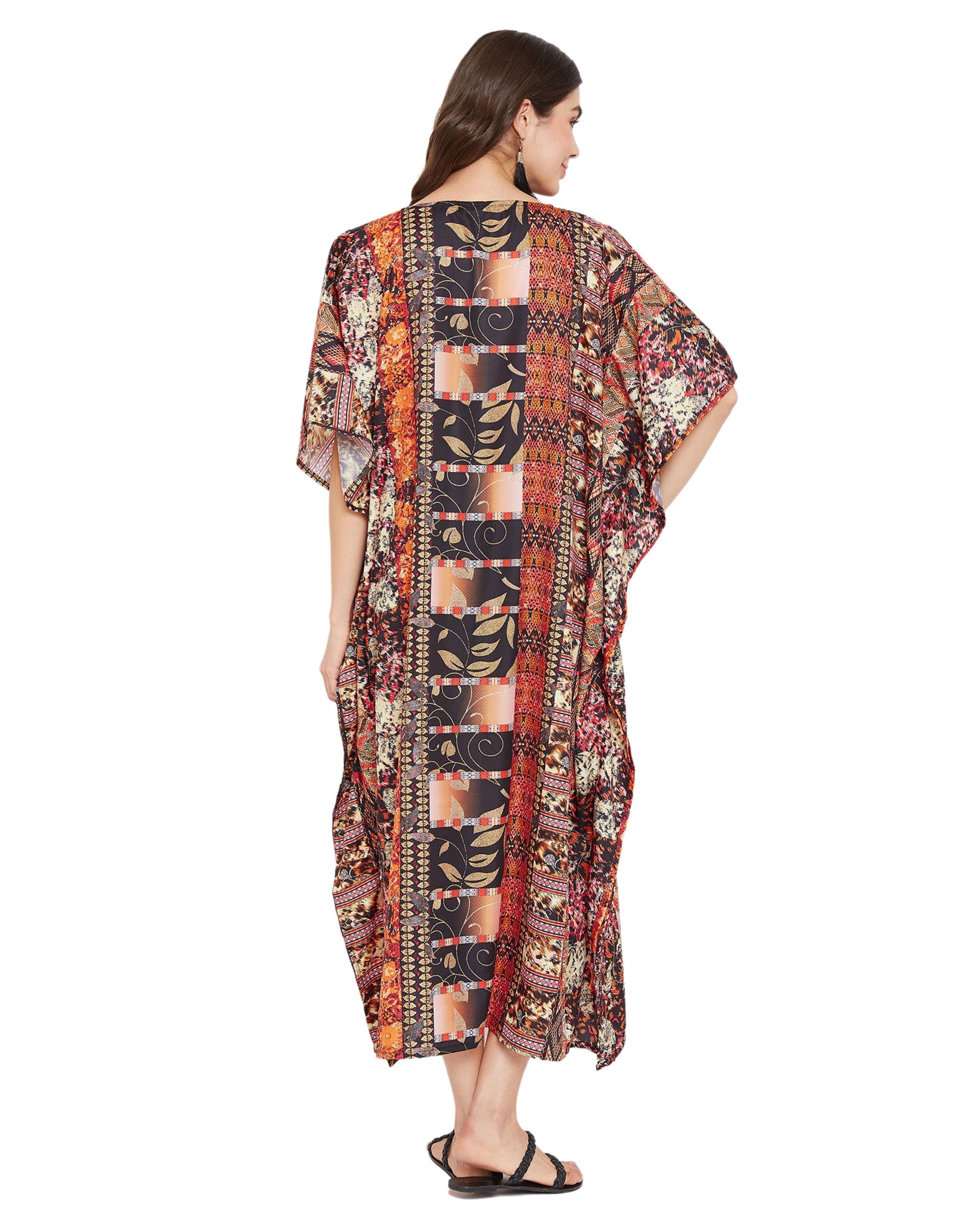 Abstract Printed Black Polyester Kaftan Dress for Women