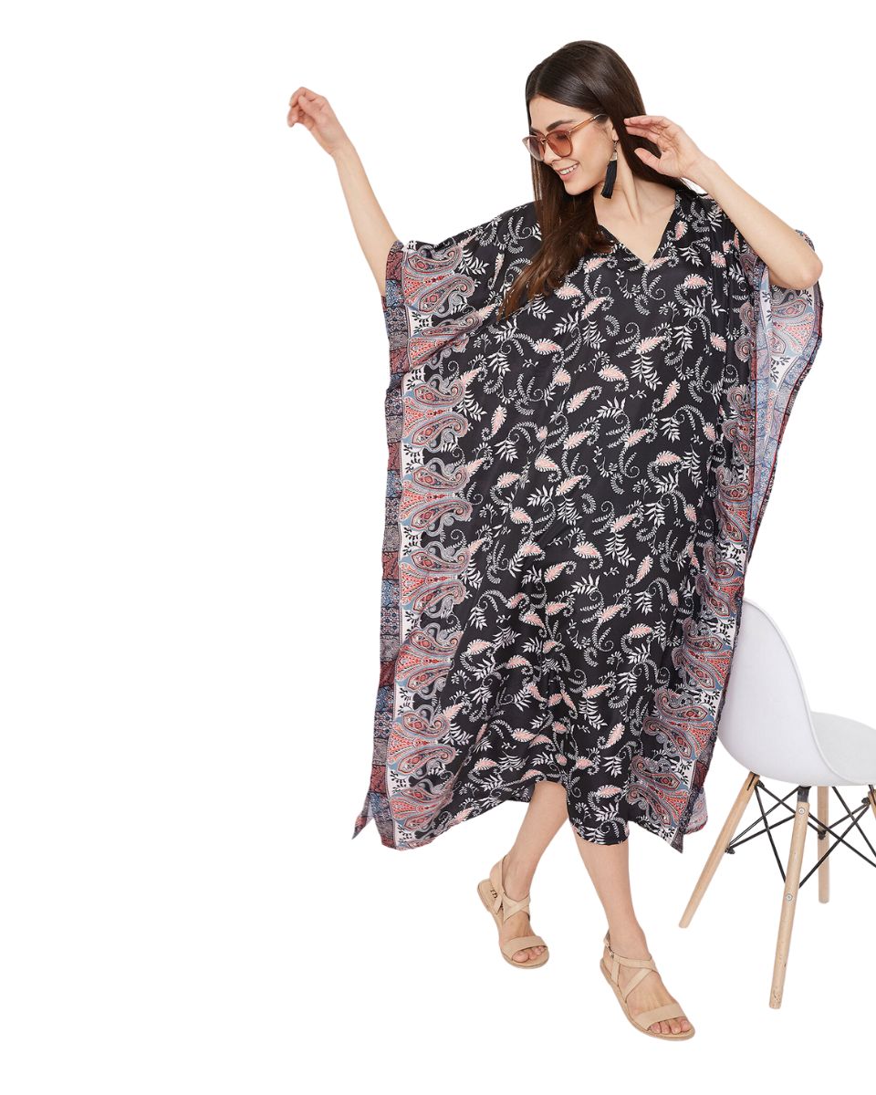 Paisley Printed Black Polyester Kaftan Dress for Women