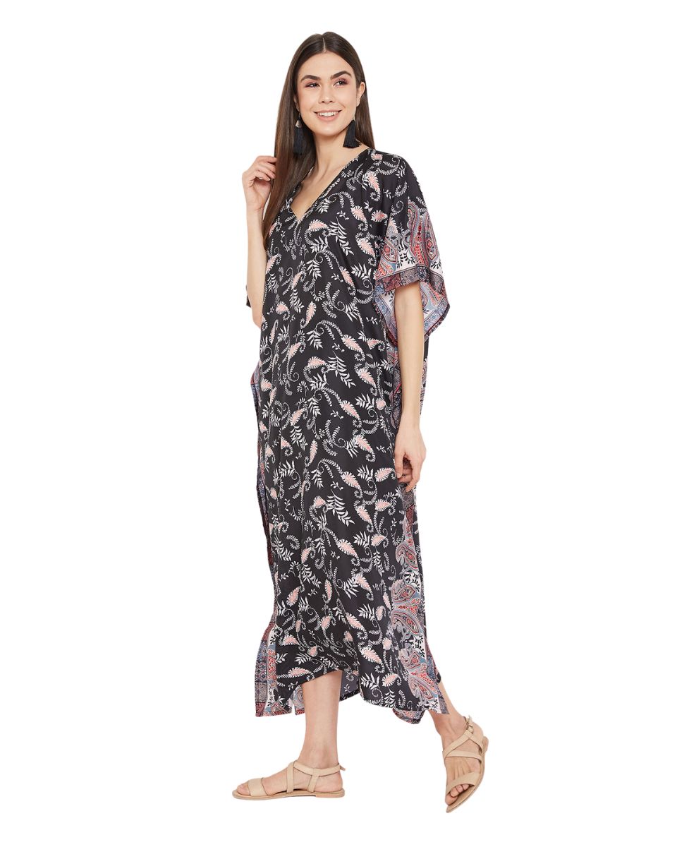 Paisley Printed Plus Size Black Polyester Kaftan Dress For Women