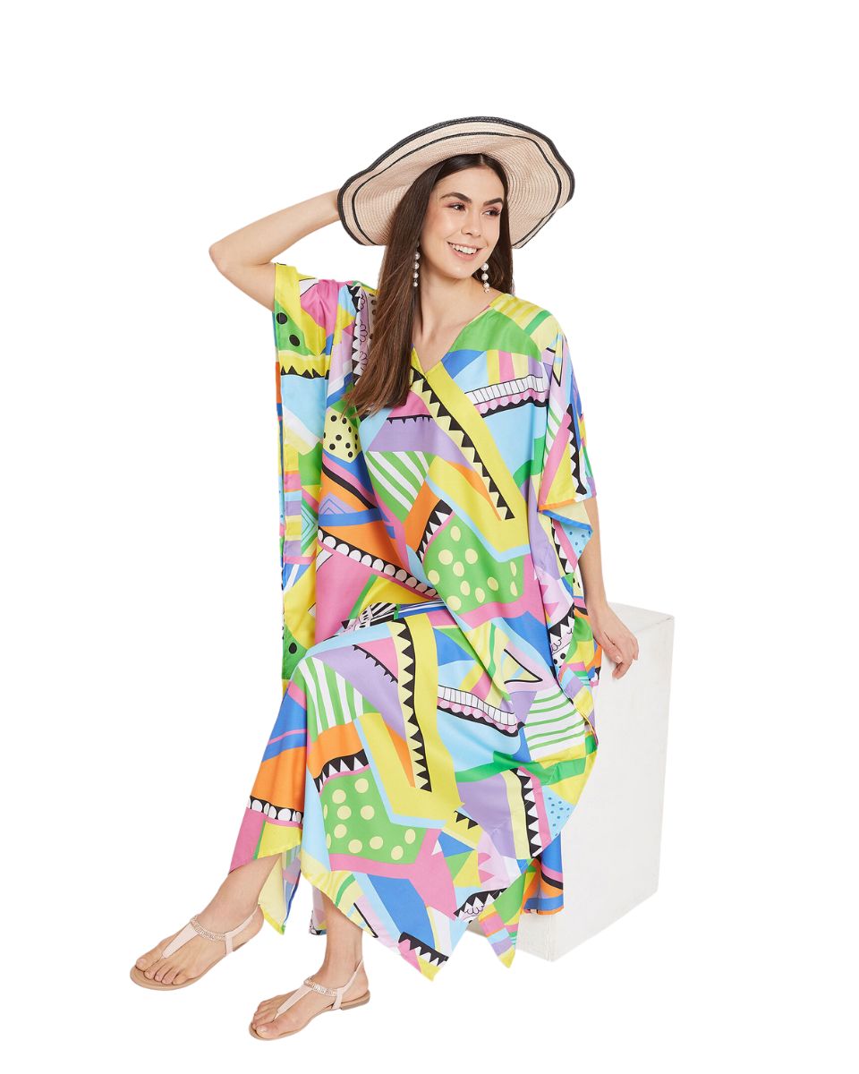 Abstract Printeded Multicolor Polyester Kaftan Dress for Women