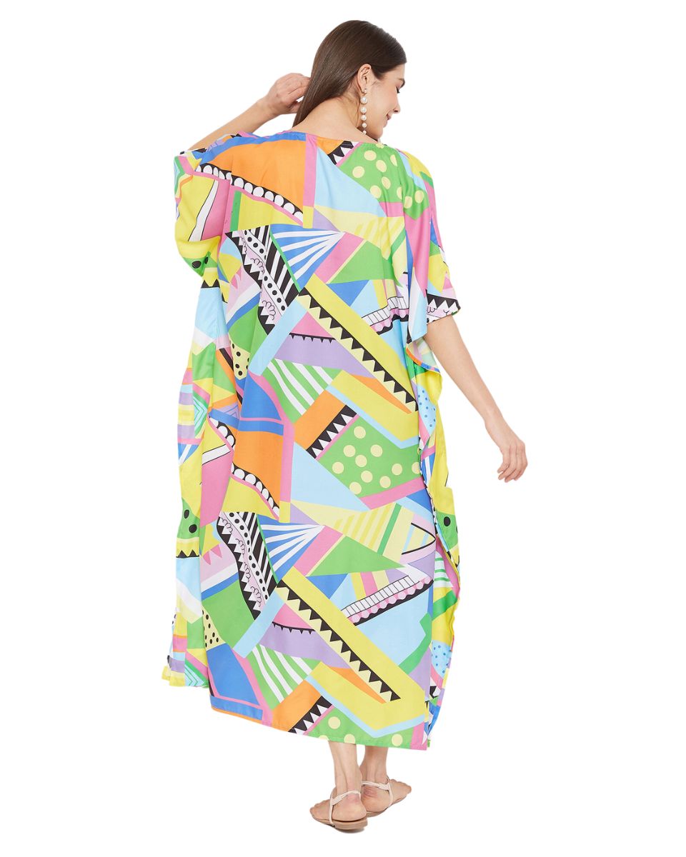 Geometric Print Multicolor Polyester Plus Size Kaftan Dress For Women