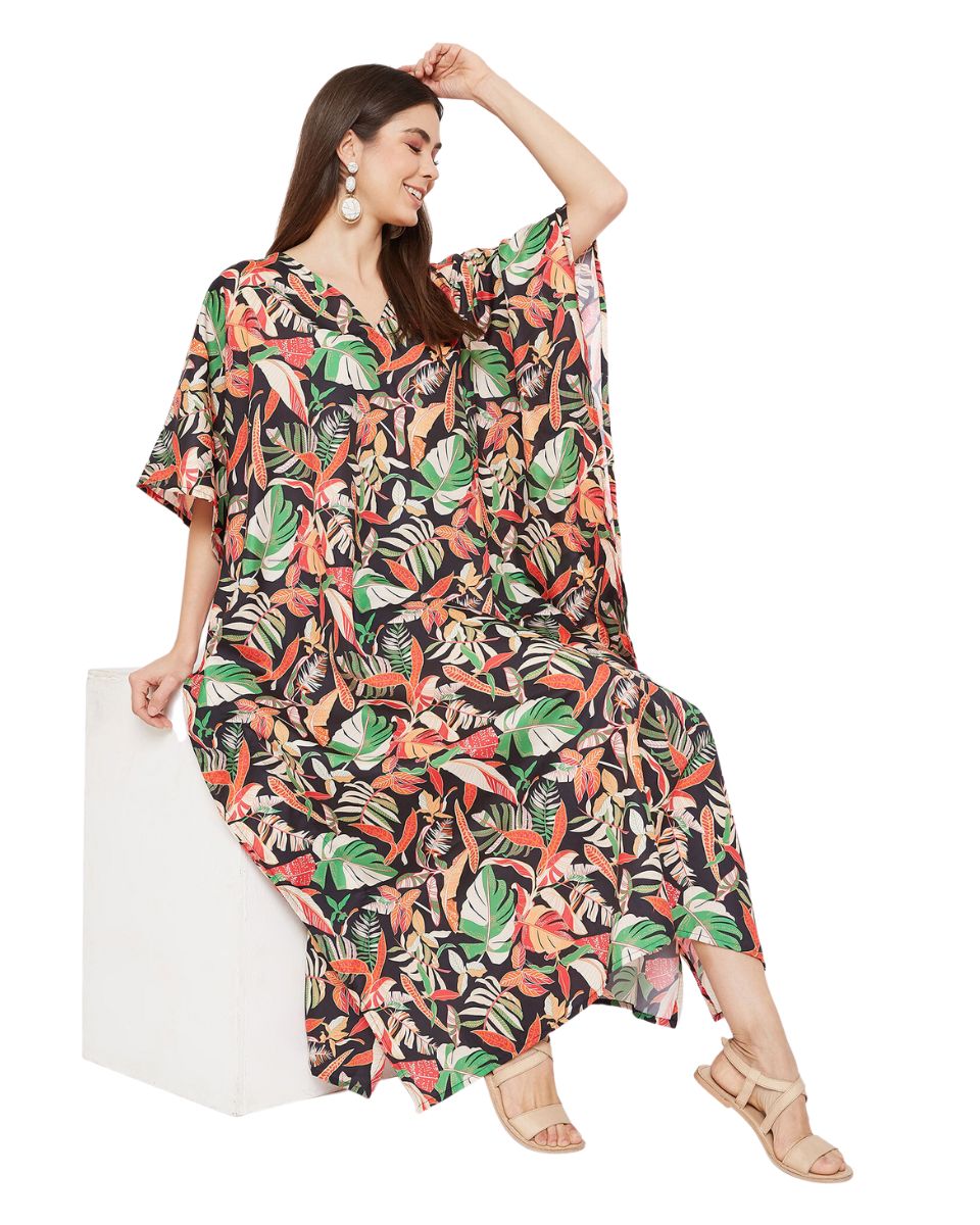Leaf Printed Multicolor Polyester Kaftan Dress for Women