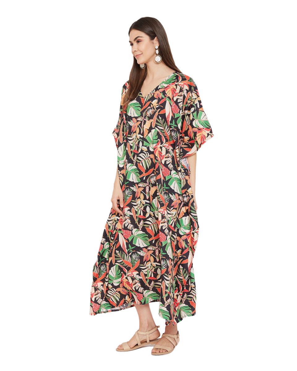 Leaf Printed Multicolor Polyester Kaftan Dress for Women