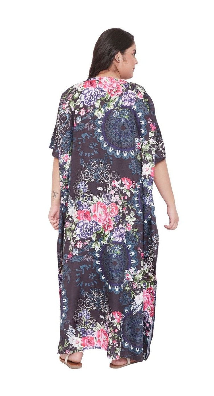 Grey plus size kaftan with multicolor floral print and kimono sleeves — alternate view