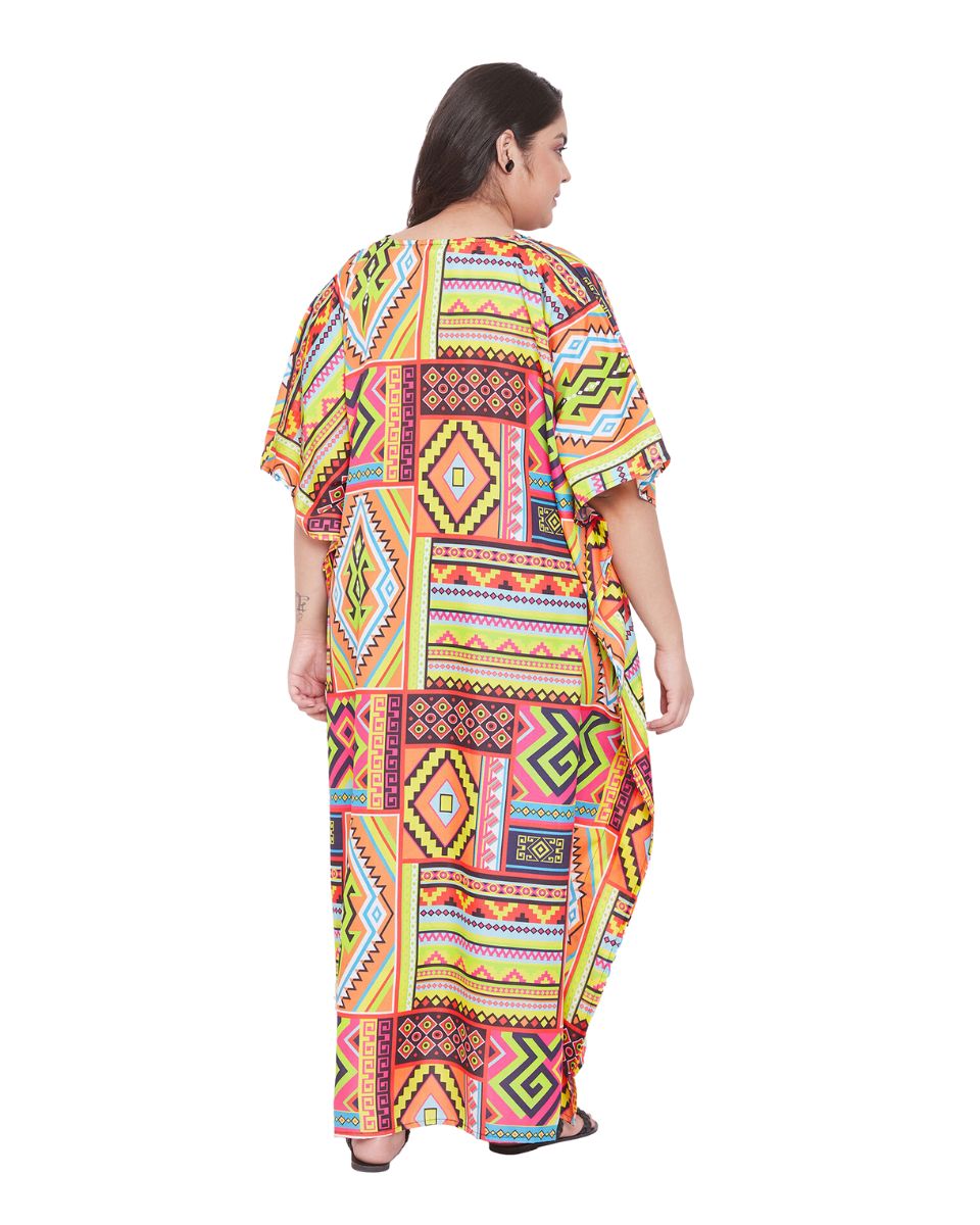Abstract Printed Multicolor Polyester Plus Size Kaftan Dress For Women