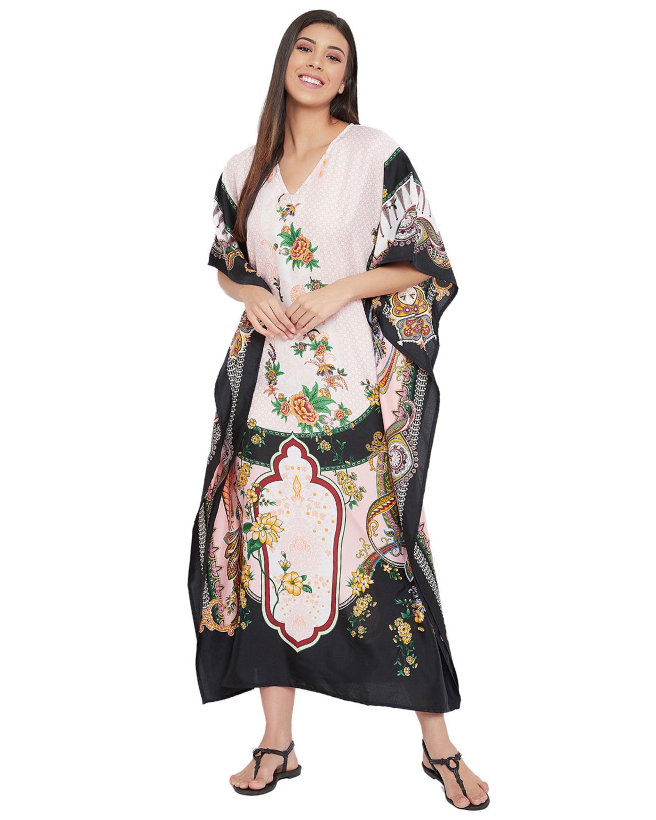 Floral And Printed Multicolor Polyester Plus Size Kaftan For Women