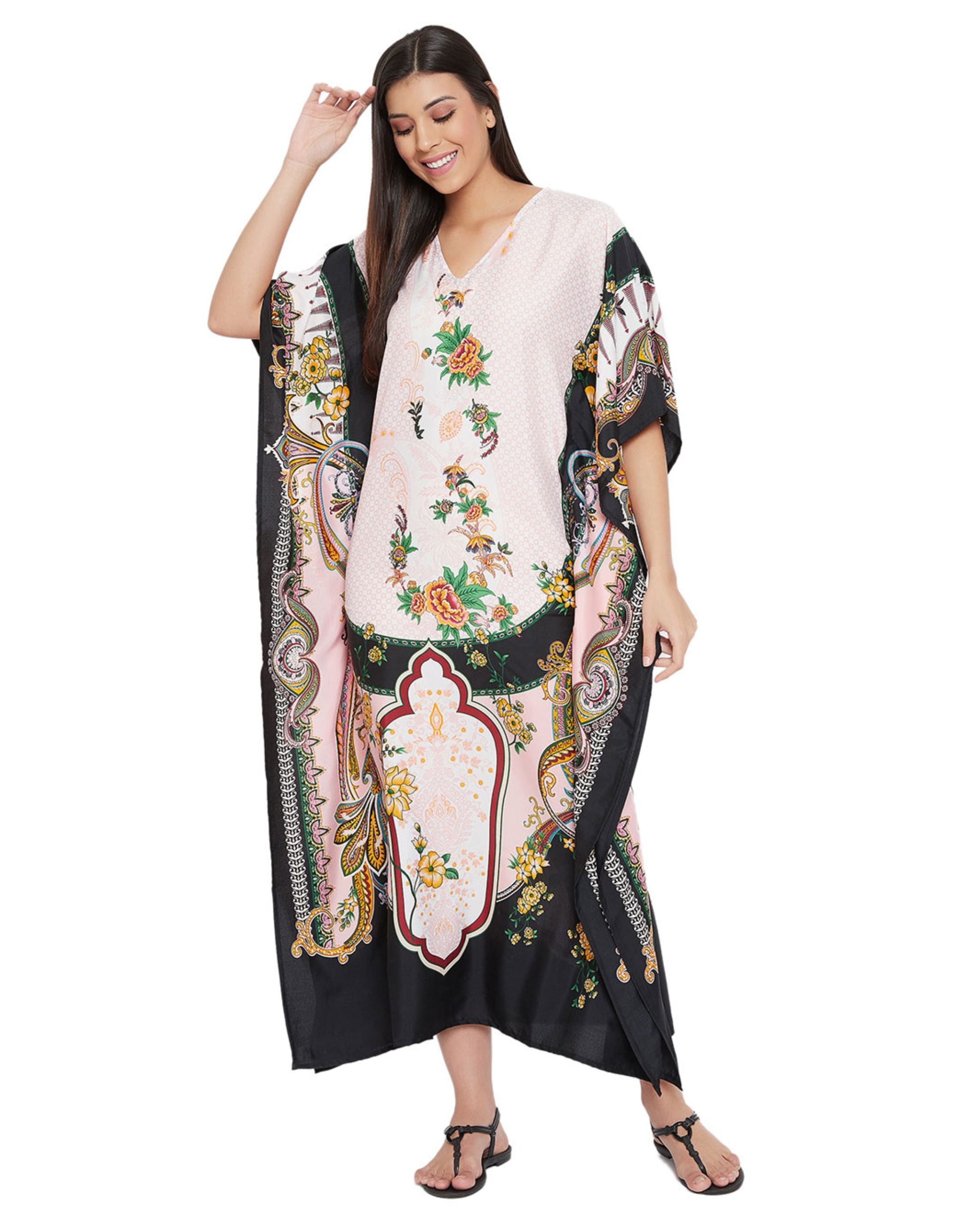 Floral And Printed Multicolor Polyester Plus Size Kaftan For Women