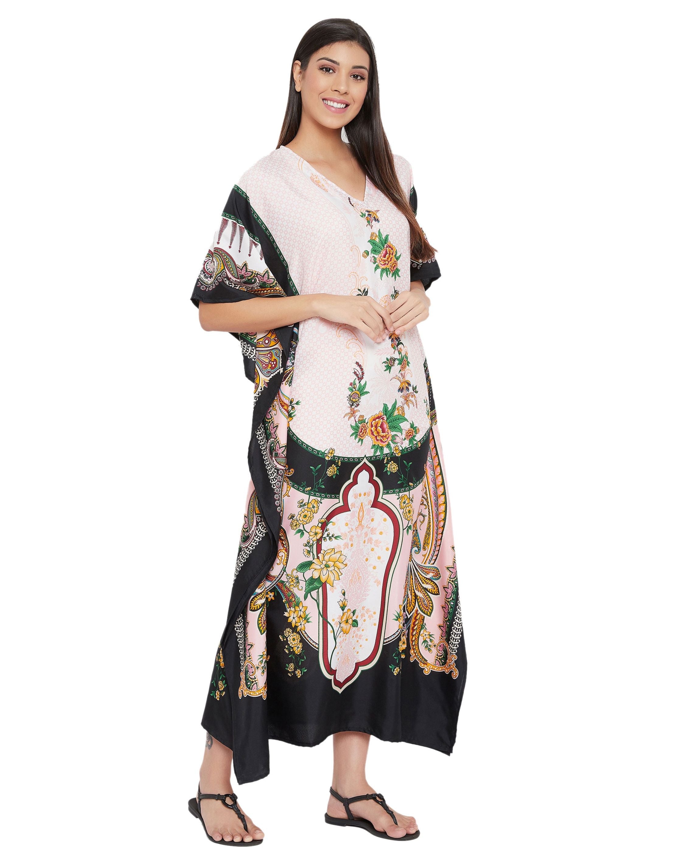 Floral And Printed Multicolor Polyester Plus Size Kaftan For Women