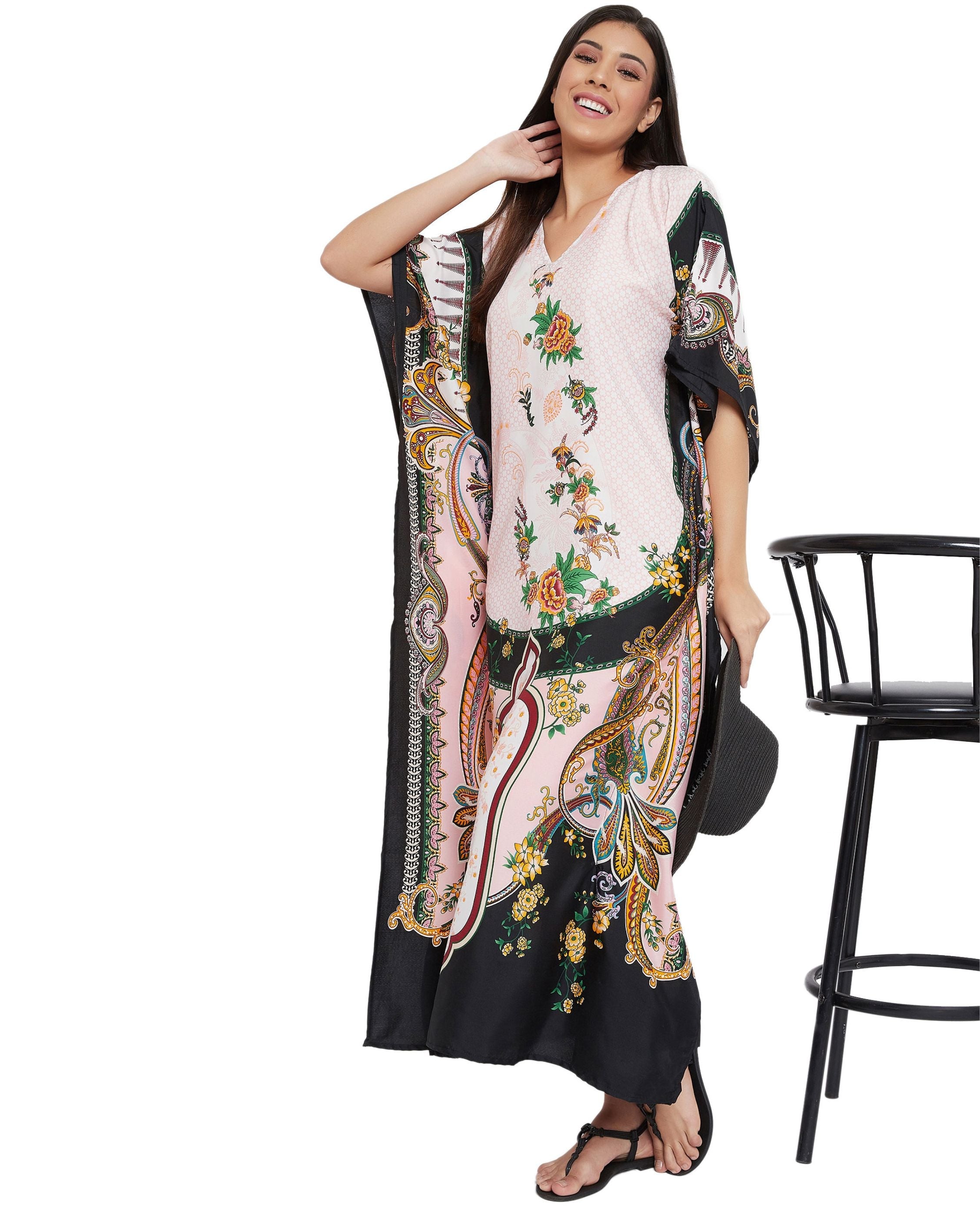 Floral And Printed Multicolor Polyester Plus Size Kaftan For Women