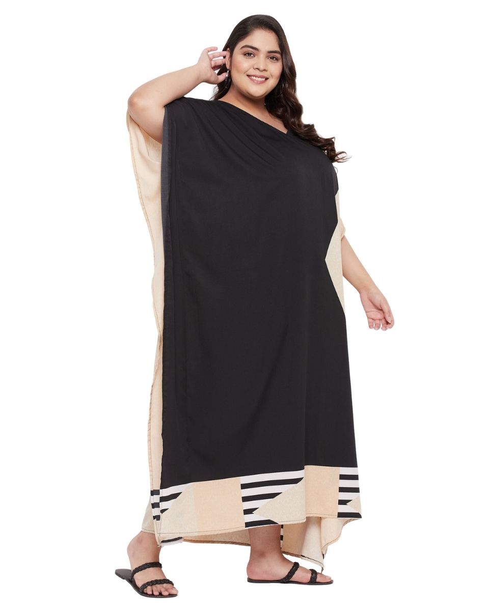Abstract Printed Black and White Polyester Women Kaftan Dress