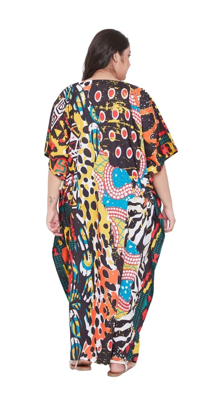 Multicolor patchwork print plus size kaftan with animal and floral panels, kimono sleeves — alternate view