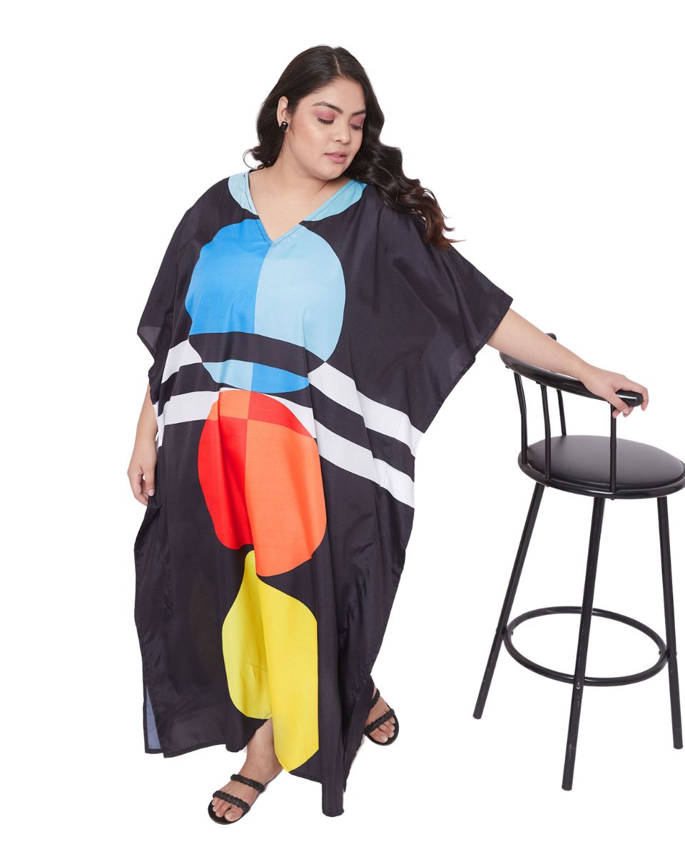 Geometric Print Black Multicolor Polyester Kaftan For Plus Size Women